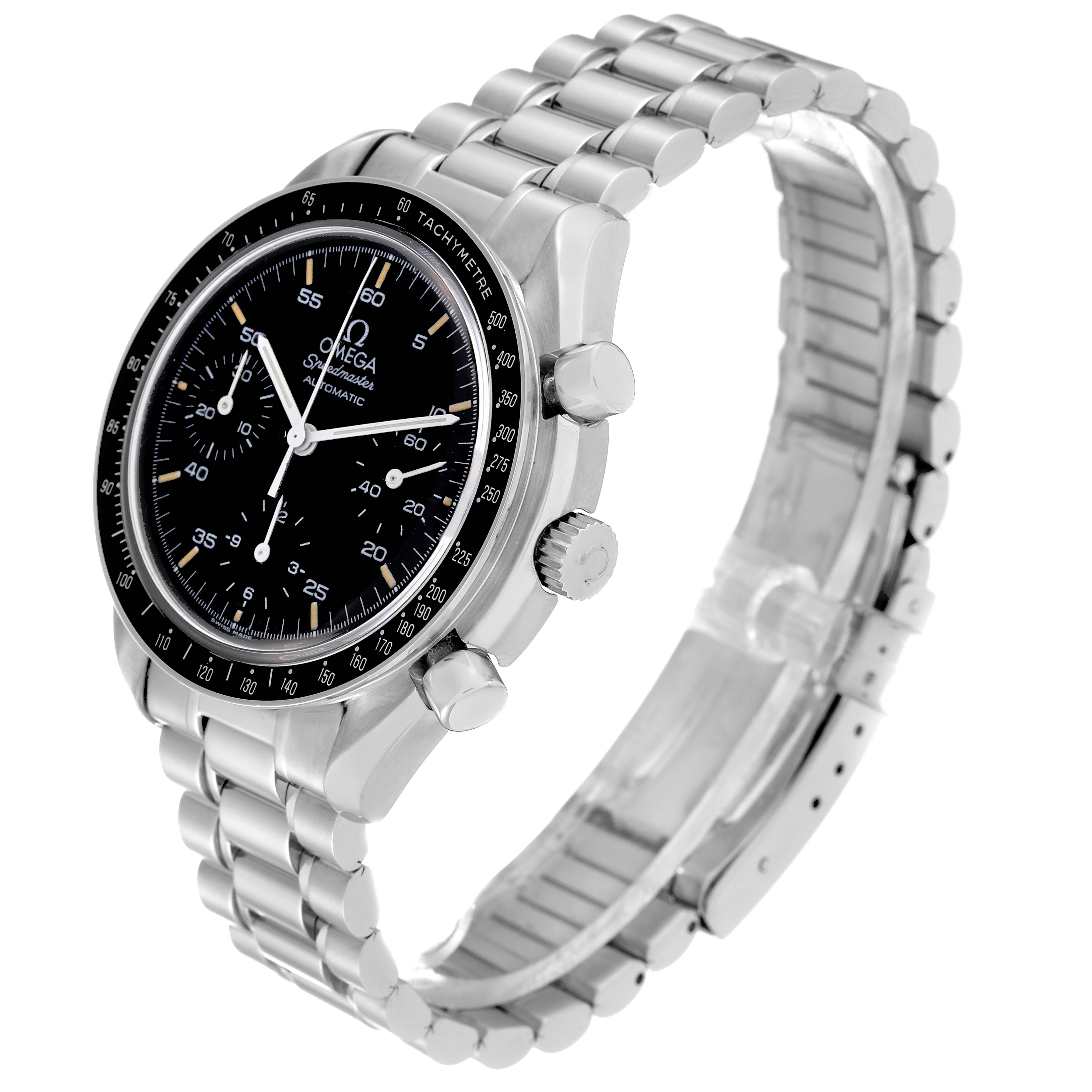 The Omega Speedmaster 3510.50.00 Men
s Stainless Steel Black Dial 3510.50.00 Men
s Stainless Steel Black Dial watch is shown at a three-quarter angle, highlighting the bracelet, dial, tachymetre bezel, and side buttons.