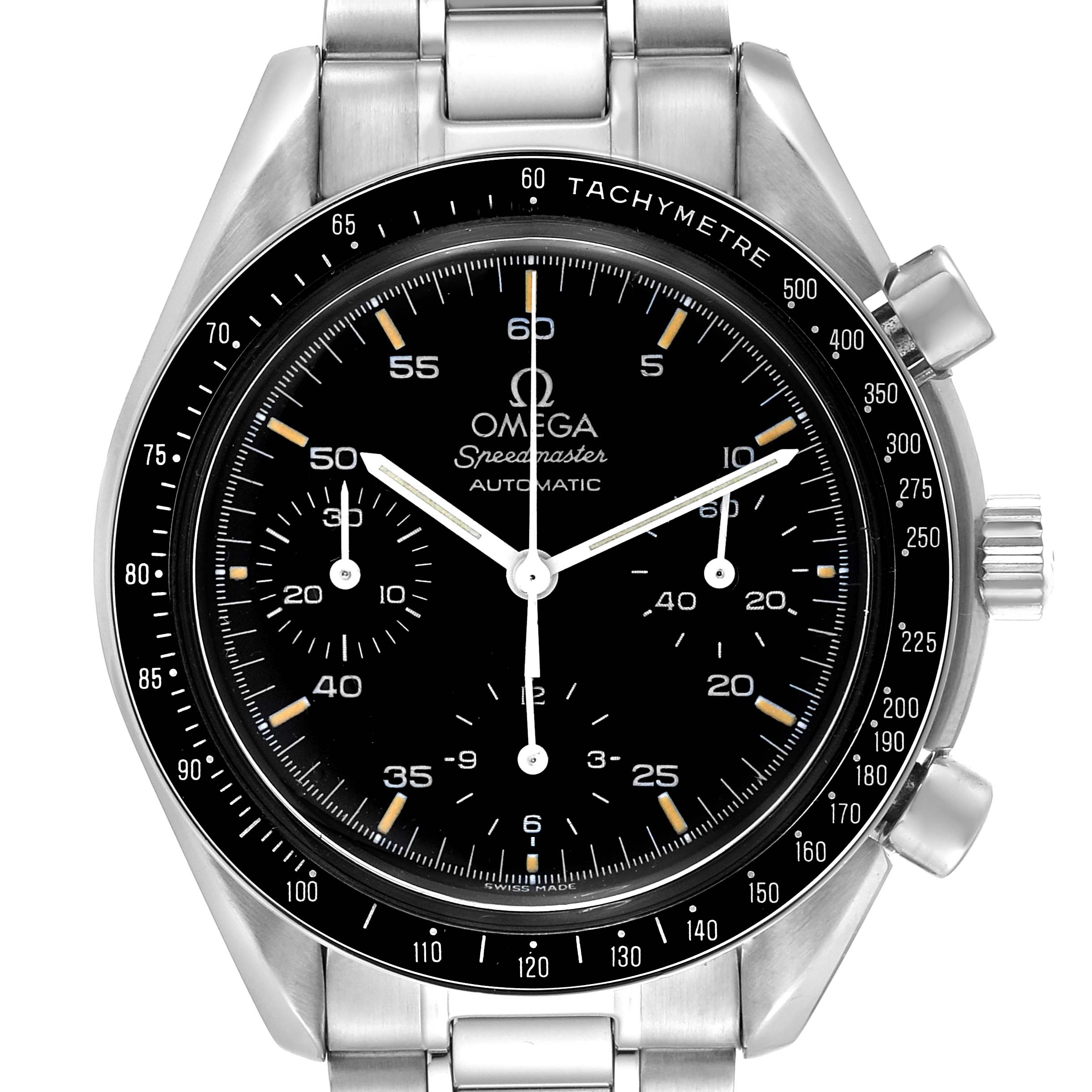 The image shows a front view of the Omega Speedmaster 3510.50.00 Men
s Stainless Steel Black Dial 3510.50.00 Men
s Stainless Steel Black Dial watch, displaying the dial, tachymeter bezel, and stainless steel bracelet.