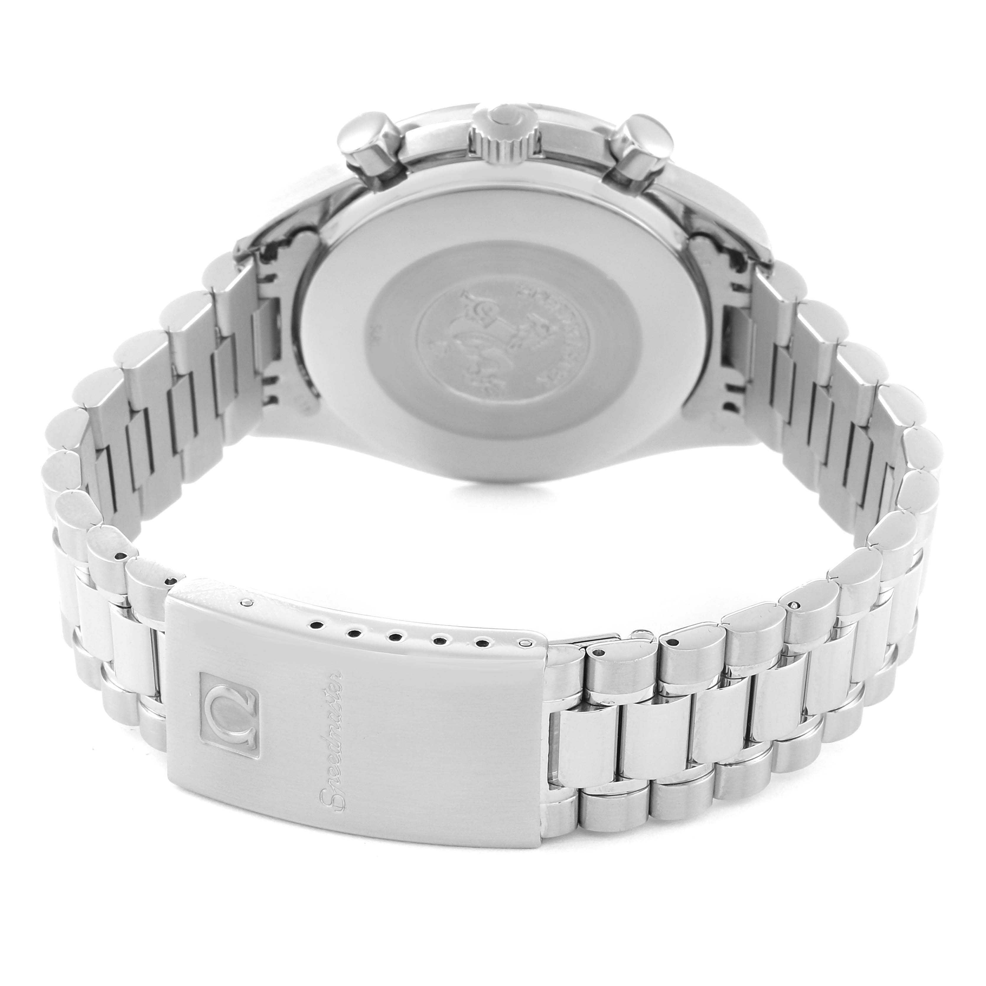 This image shows the back case and bracelet of an Omega Speedmaster 3510.50.00 Men
s Stainless Steel Black Dial 3510.50.00 Men
s Stainless Steel Black Dial watch from a rear angle.