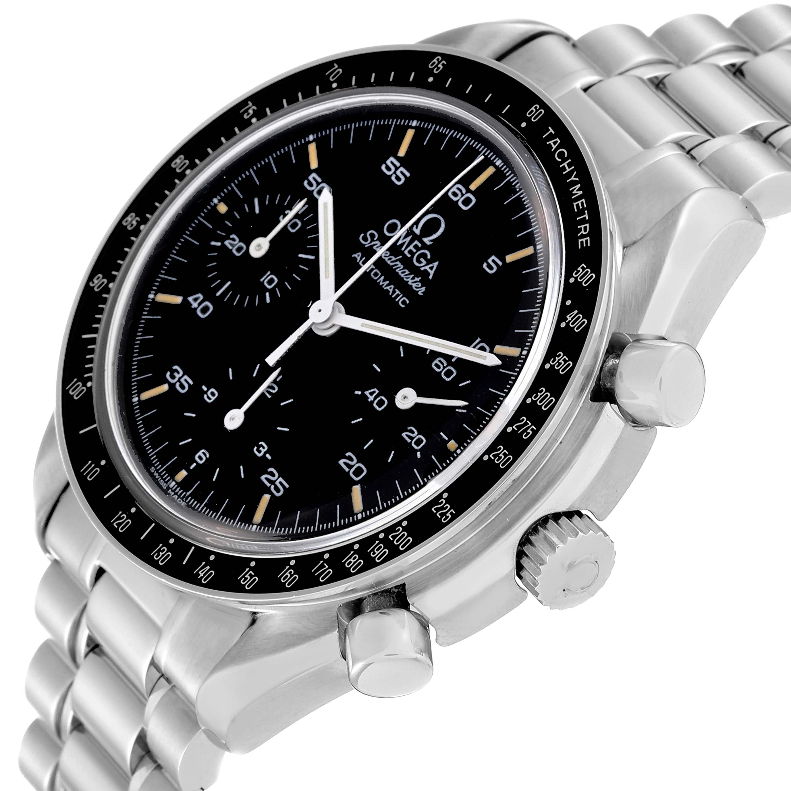 This Omega Speedmaster 3510.50.00 Men
s Stainless Steel Black Dial 3510.50.00 Men
s Stainless Steel Black Dial watch is shown at an oblique angle, highlighting the face, bezel, crown, and pushers.