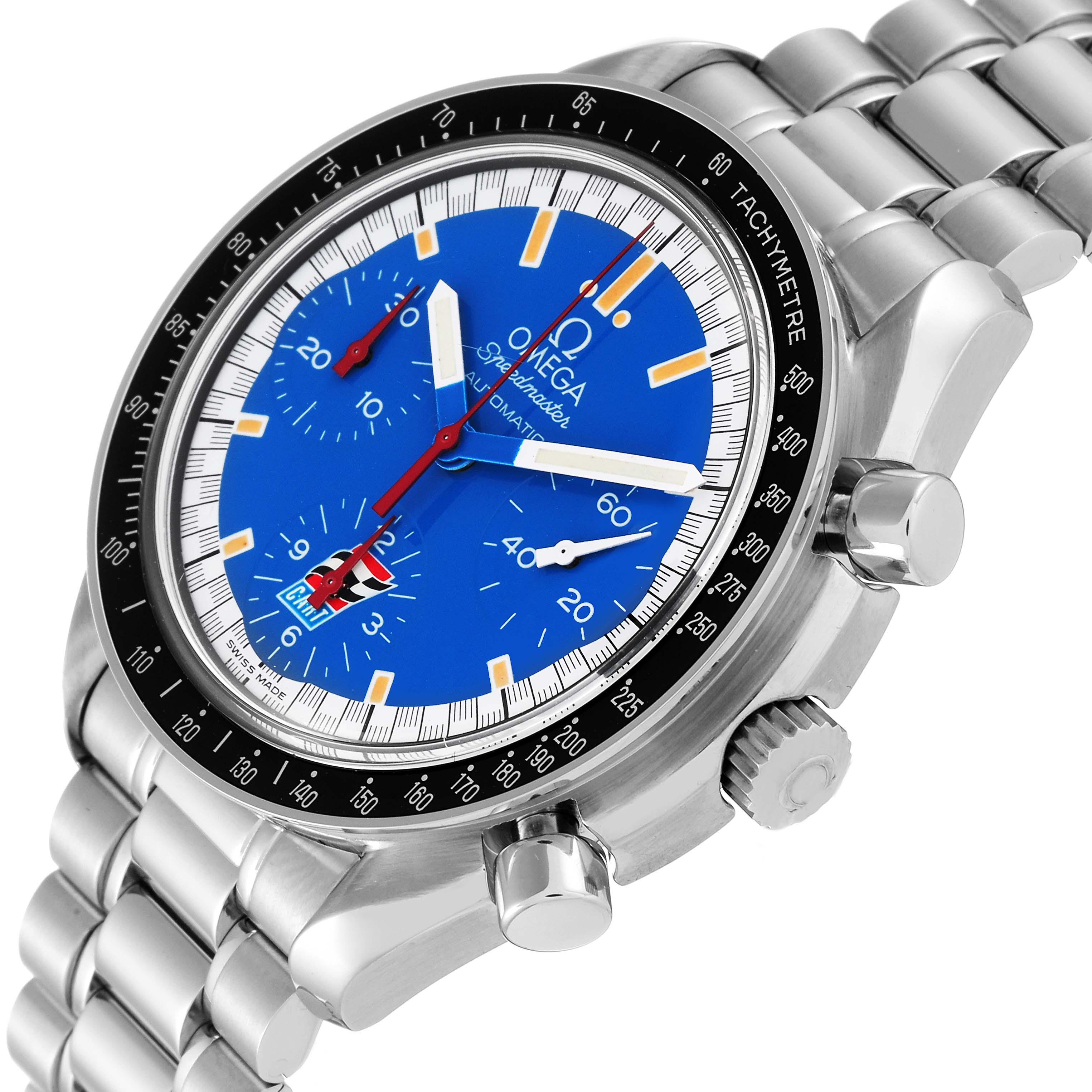 The image shows an Omega Speedmaster 3510.80.00 Men
s Stainless Steel Blue Dial 3510.80.00 Men
s Stainless Steel Blue Dial watch at an oblique angle, highlighting the blue dial, bezel, and stainless steel bracelet.