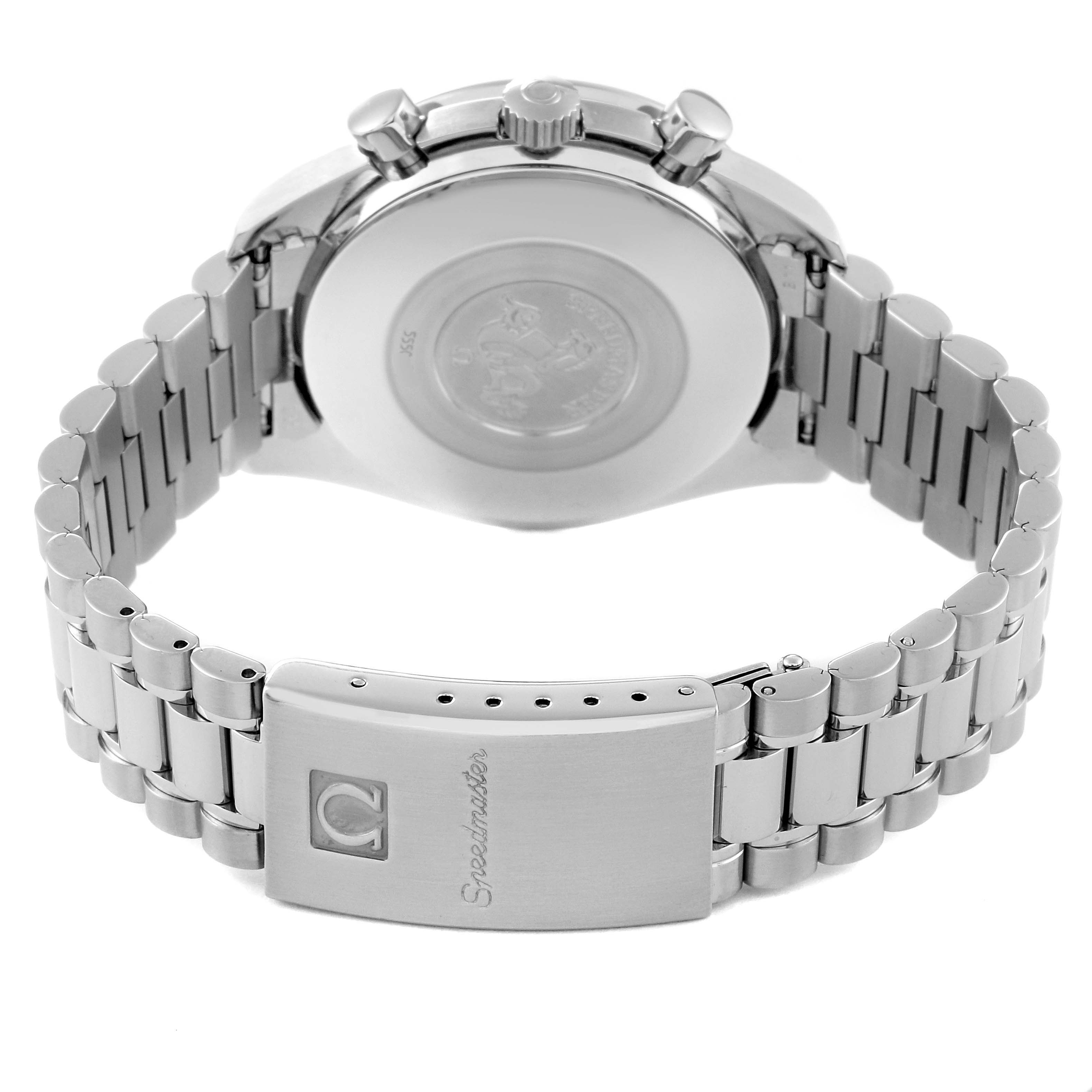 The image shows the back case and bracelet of the Omega Speedmaster 3510.80.00 Men
s Stainless Steel Blue Dial 3510.80.00 Men
s Stainless Steel Blue Dial watch, including the clasp with the Speedmaster logo.