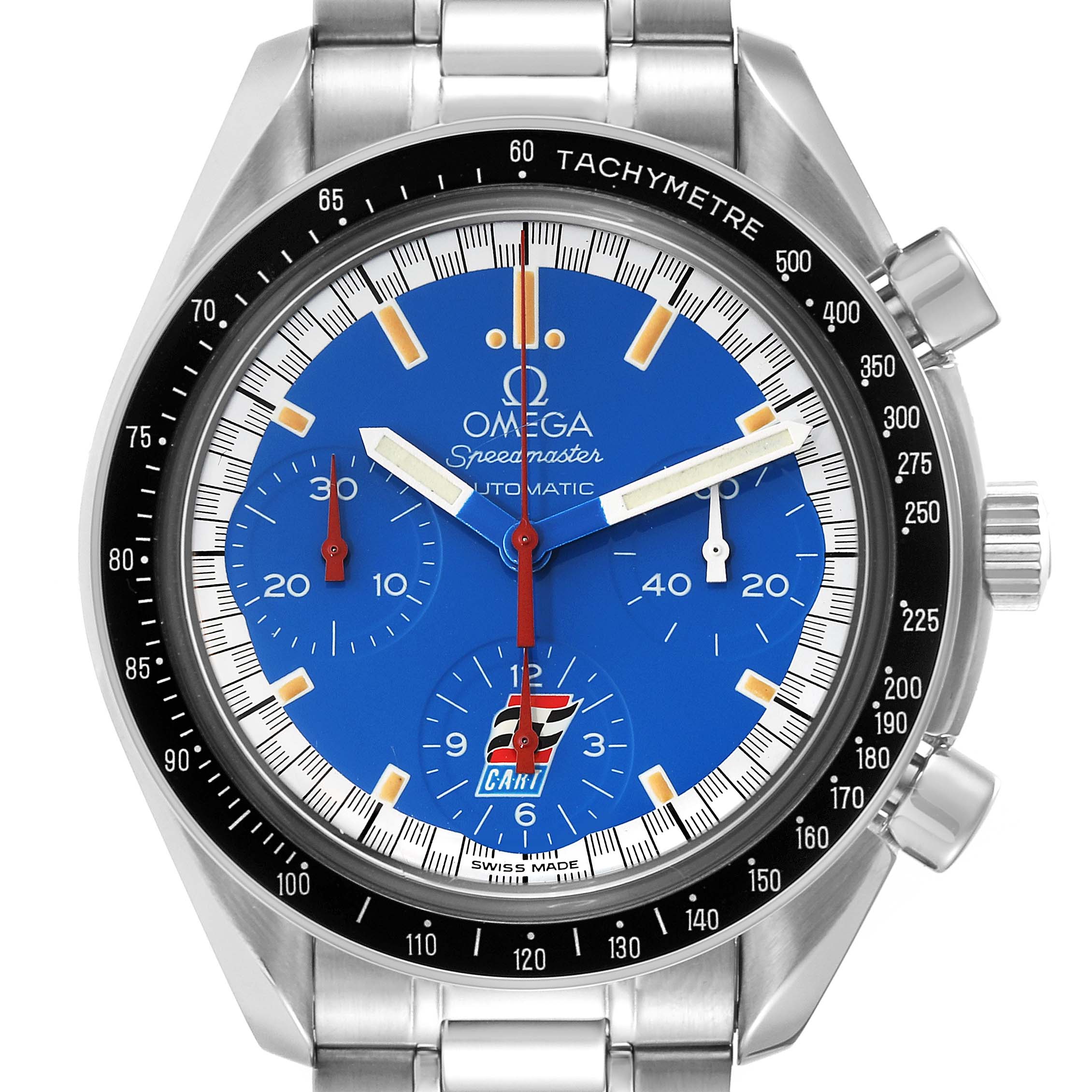 The image shows a front view of an Omega Speedmaster 3510.80.00 Men
s Stainless Steel Blue Dial 3510.80.00 Men
s Stainless Steel Blue Dial watch, highlighting its blue dial, tachymeter, and chronograph functions.