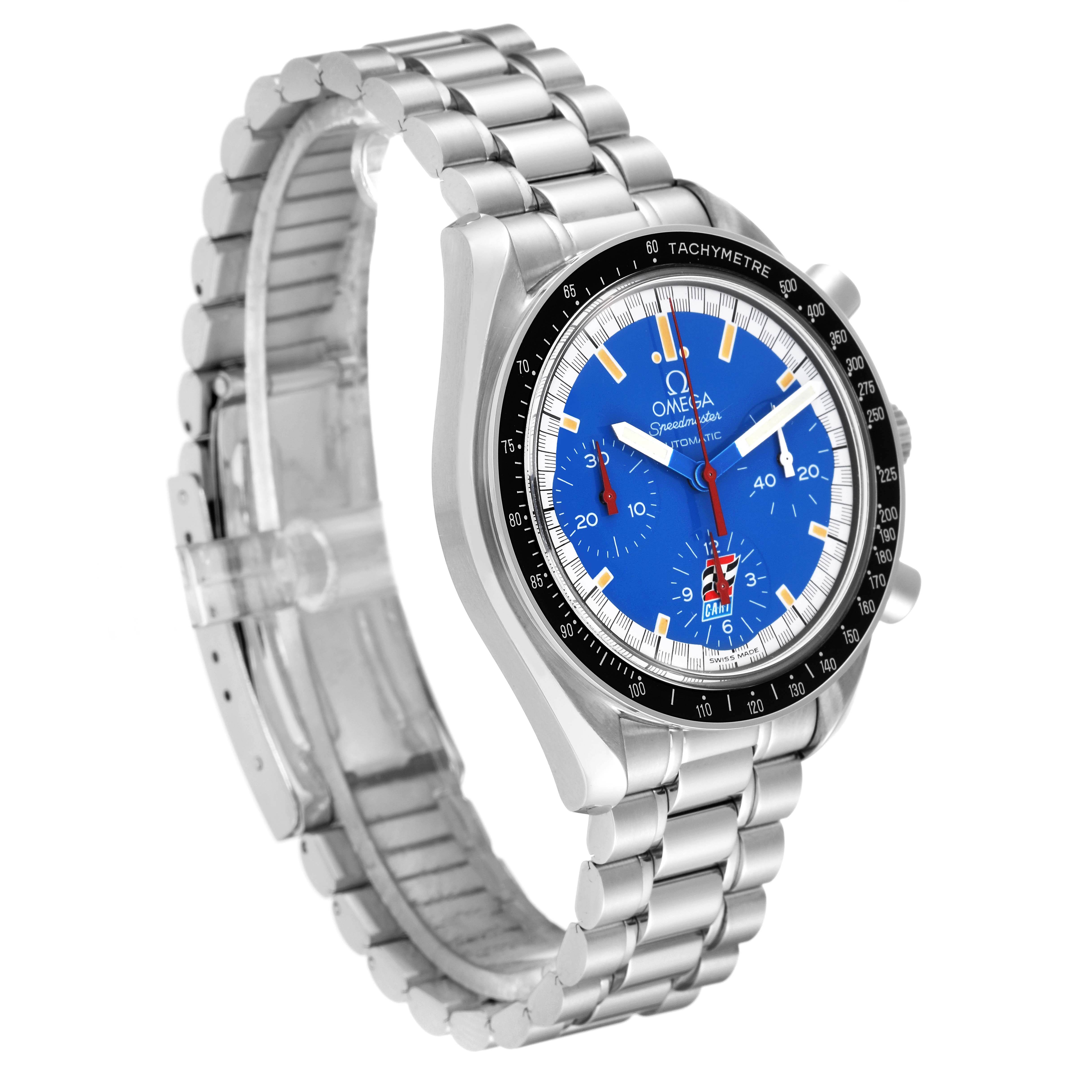 The image shows the Omega Speedmaster 3510.80.00 Men
s Stainless Steel Blue Dial 3510.80.00 Men
s Stainless Steel Blue Dial watch from a three-quarter angle, highlighting its face, case, and metal bracelet.