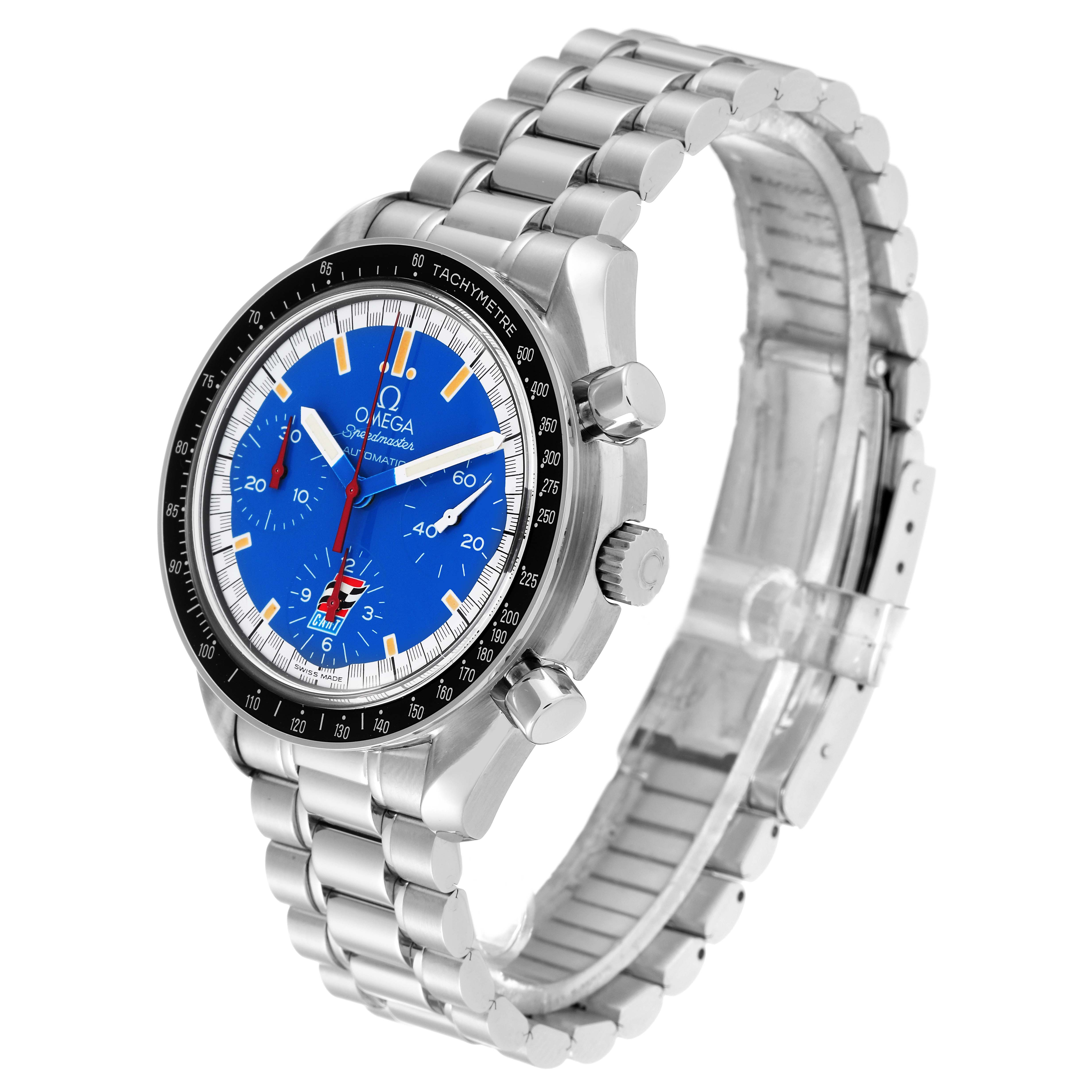 The Omega Speedmaster 3510.80.00 Men
s Stainless Steel Blue Dial 3510.80.00 Men
s Stainless Steel Blue Dial watch is shown at an angle highlighting the face, bezel, crown, pushers, and stainless steel bracelet.