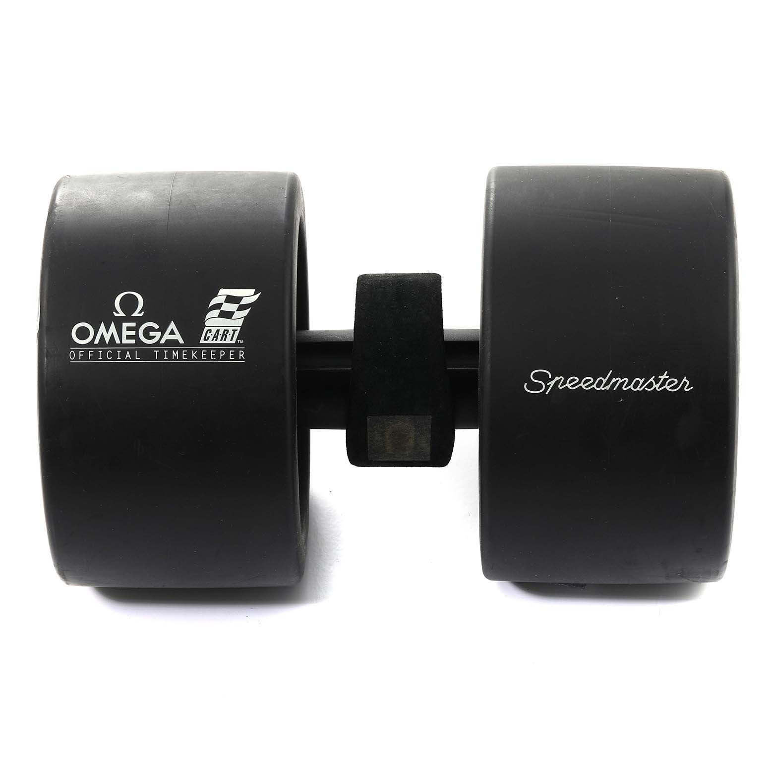 This image shows a cylindrical black watch box for the Omega Speedmaster 3510.80.00 Men
s Stainless Steel Blue Dial 3510.80.00 Men
s Stainless Steel Blue Dial model, displayed from a front view.