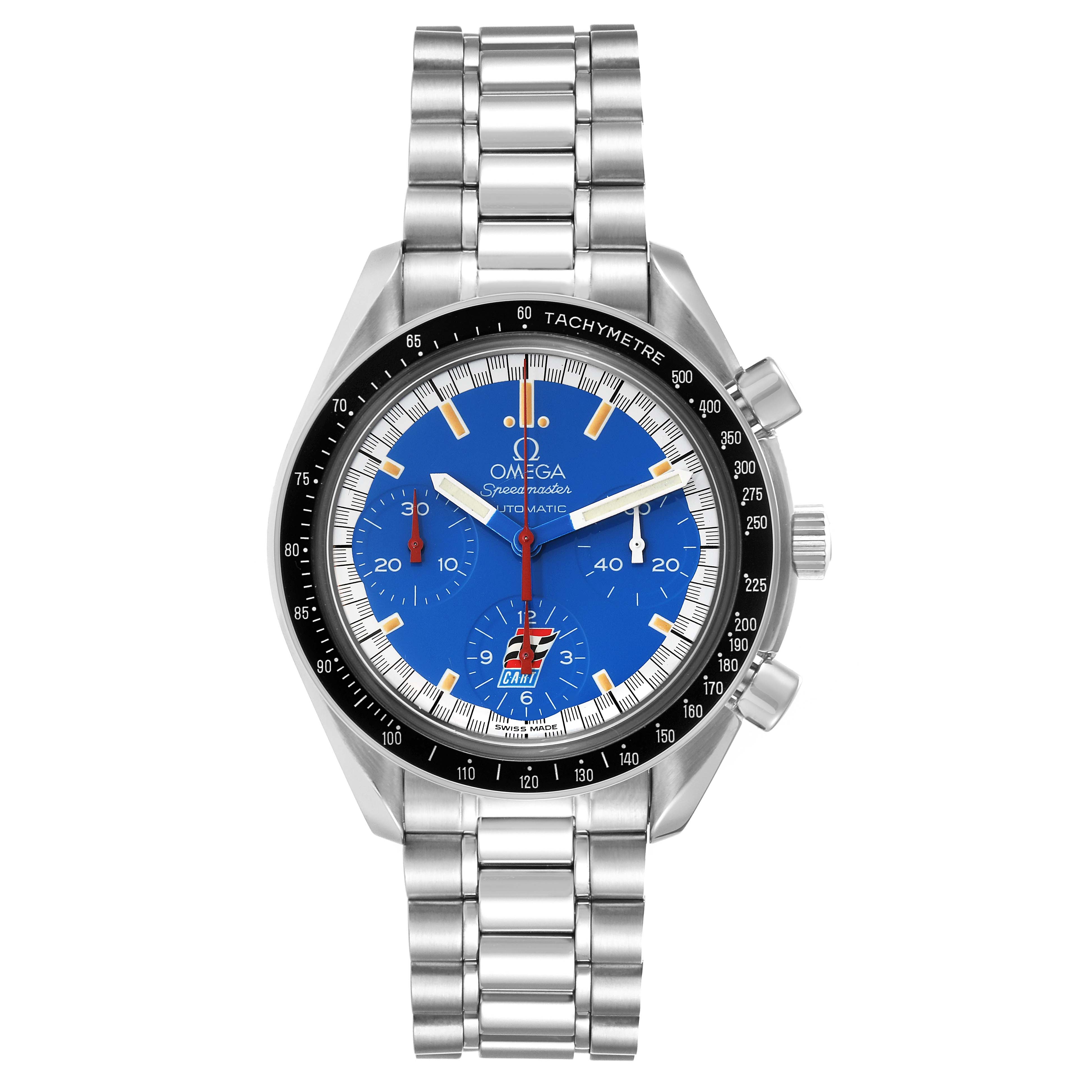 The image shows a front view of the Omega Speedmaster 3510.80.00 Men
s Stainless Steel Blue Dial 3510.80.00 Men
s Stainless Steel Blue Dial watch, highlighting its blue dial, chronograph subdials, tachymeter bezel, and metal bracelet.