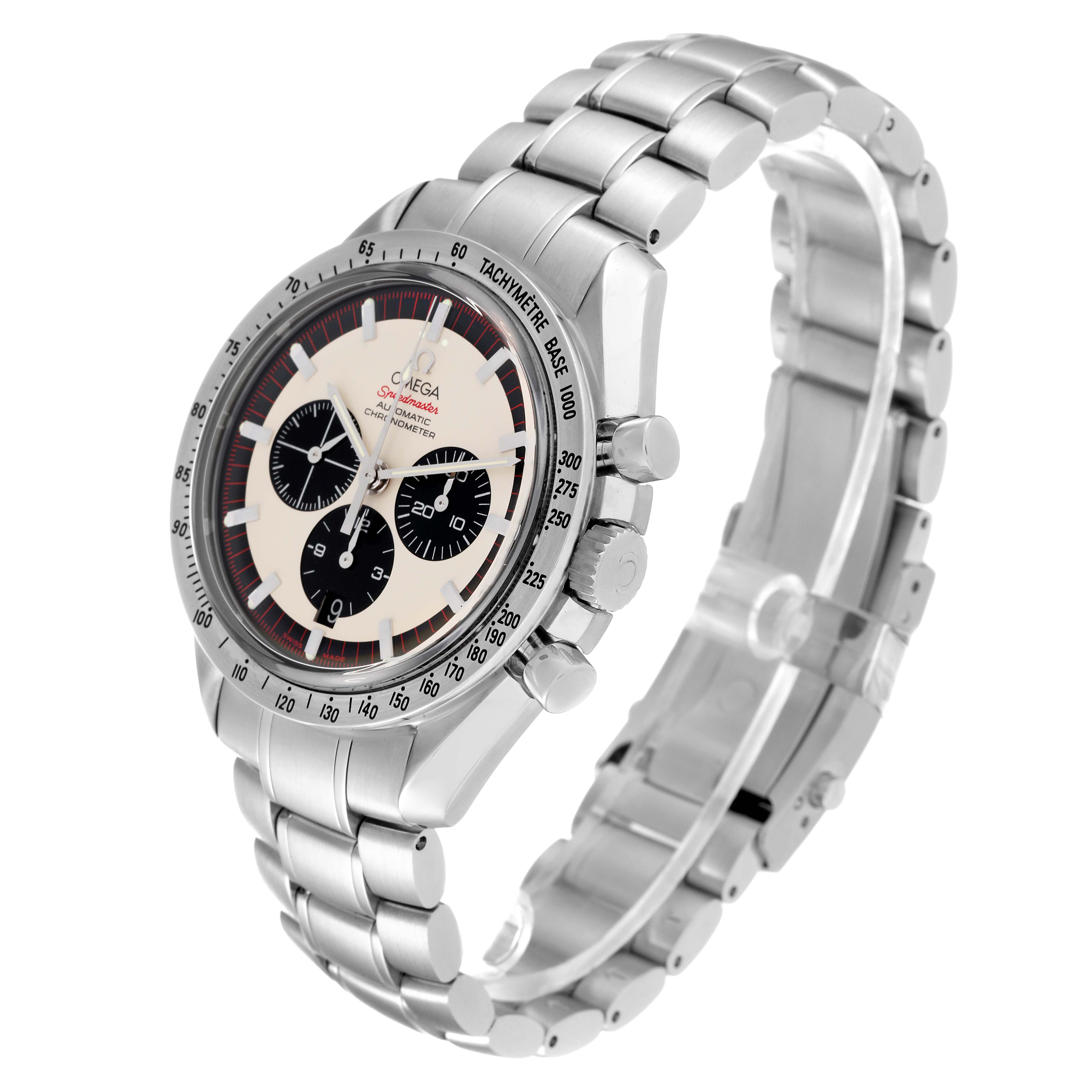 The Omega Speedmaster 3559.32.00 Men's Stainless Steel Silver Dial 3559.32.00 Men's Stainless Steel Silver Dial watch is shown at an angle, displaying the dial, bezel, and metal bracelet.