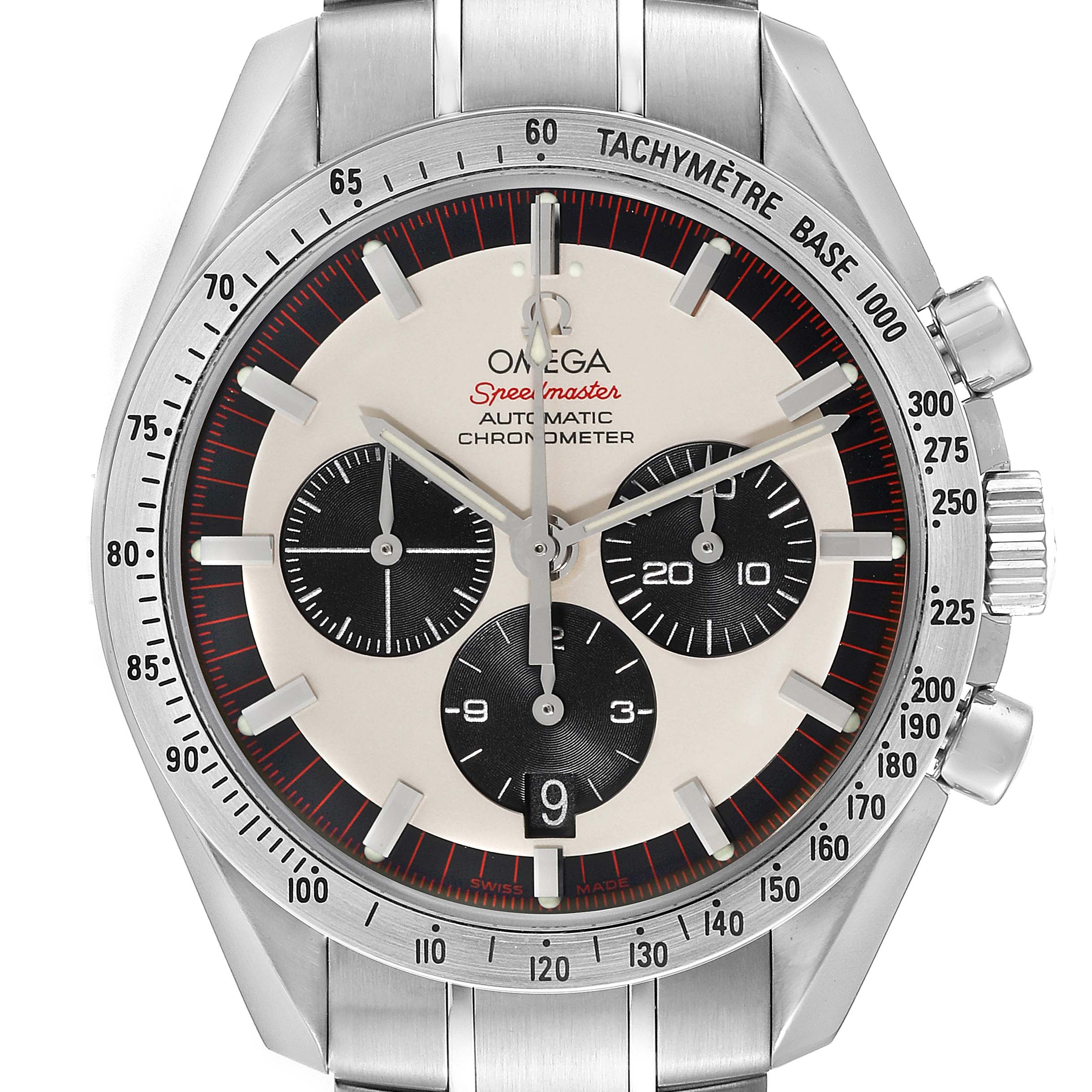 This image shows a front view of an Omega Speedmaster 3559.32.00 Men's Stainless Steel Silver Dial 3559.32.00 Men's Stainless Steel Silver Dial watch, highlighting the dial, chronograph subdials, and tachymeter bezel.