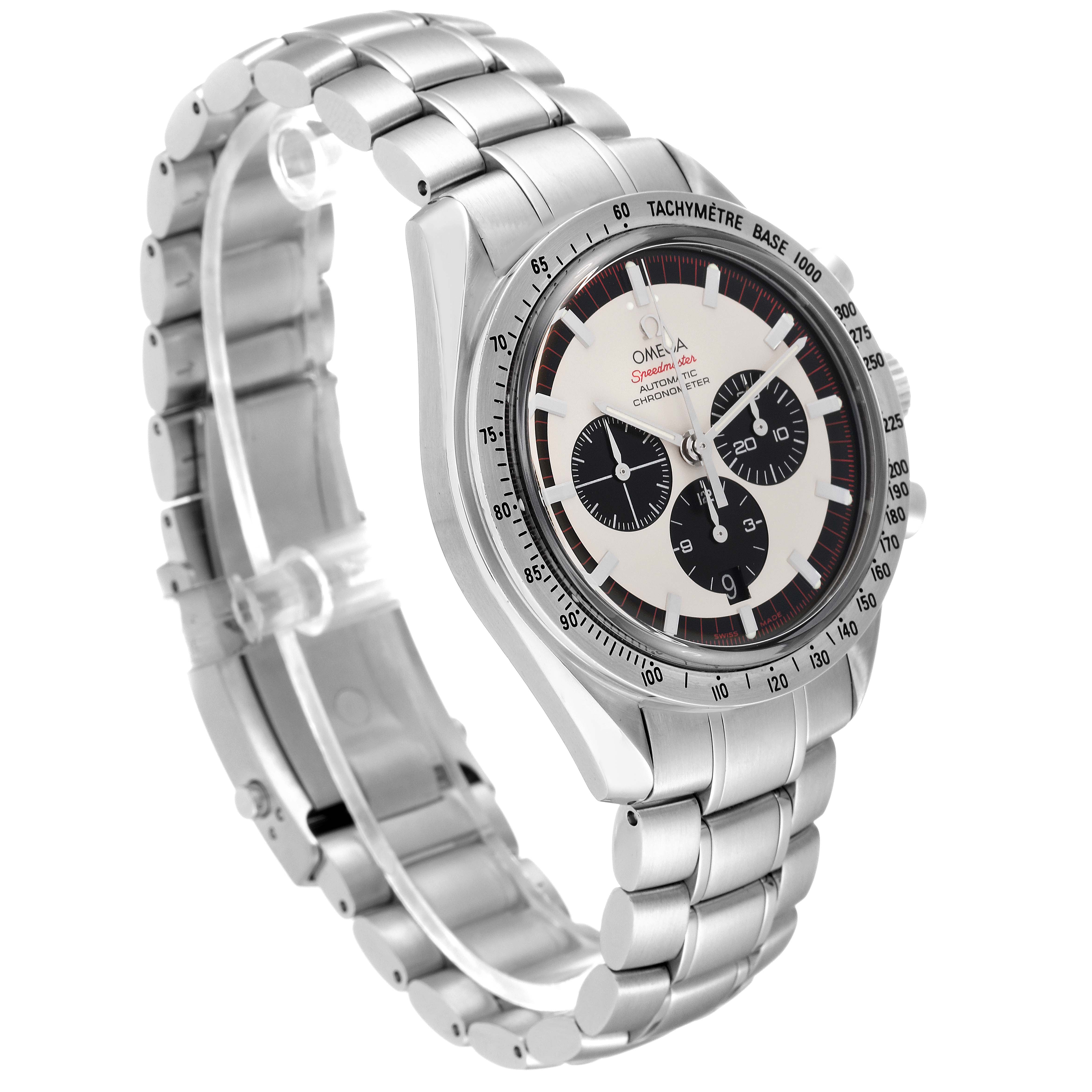 The image shows an angled side view of the Omega Speedmaster 3559.32.00 Men's Stainless Steel Silver Dial 3559.32.00 Men's Stainless Steel Silver Dial watch, highlighting the bracelet, case, and dial.
