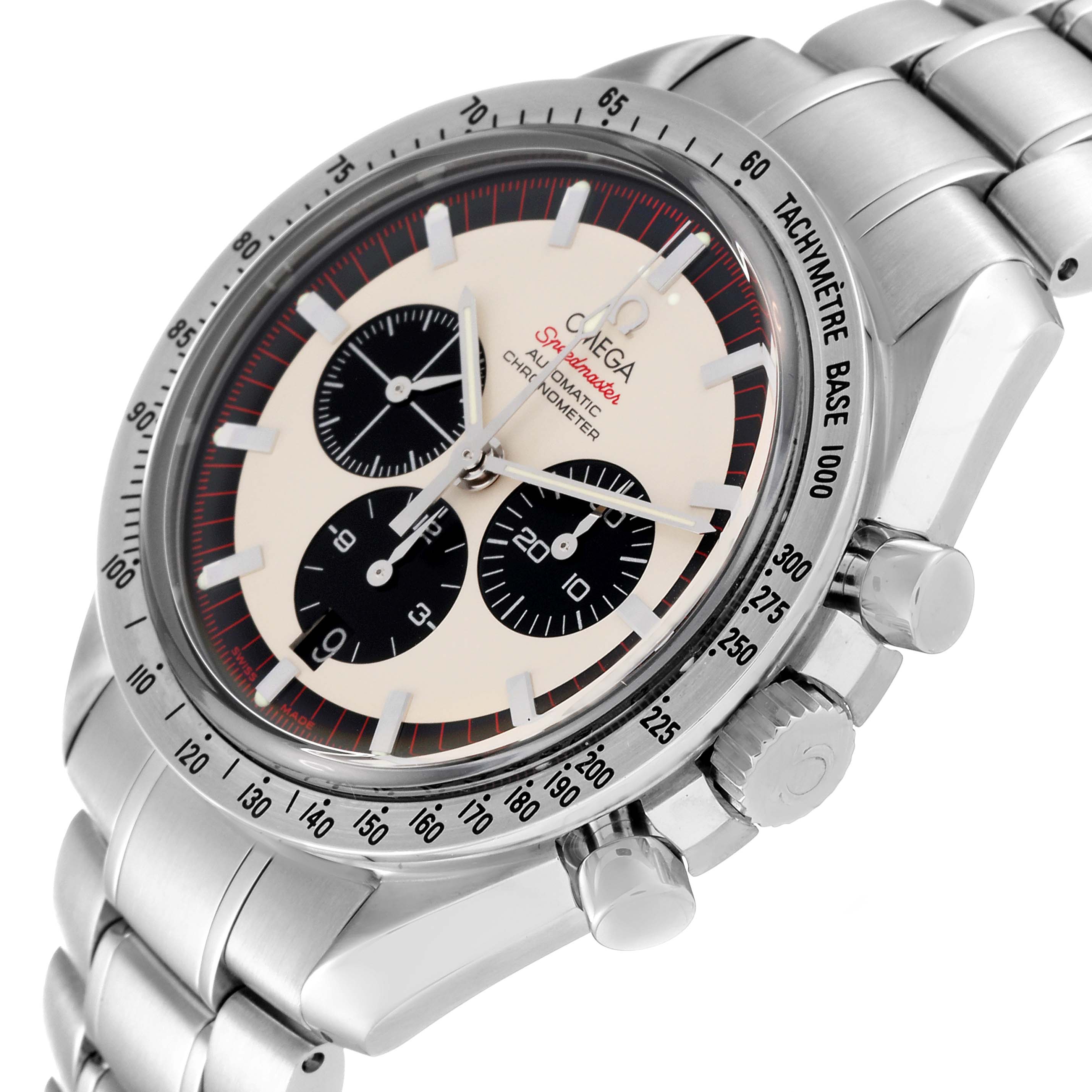 The Omega Speedmaster 3559.32.00 Men's Stainless Steel Silver Dial 3559.32.00 Men's Stainless Steel Silver Dial watch is shown from a three-quarter angle, highlighting its dial, tachymeter bezel, and stainless steel bracelet.