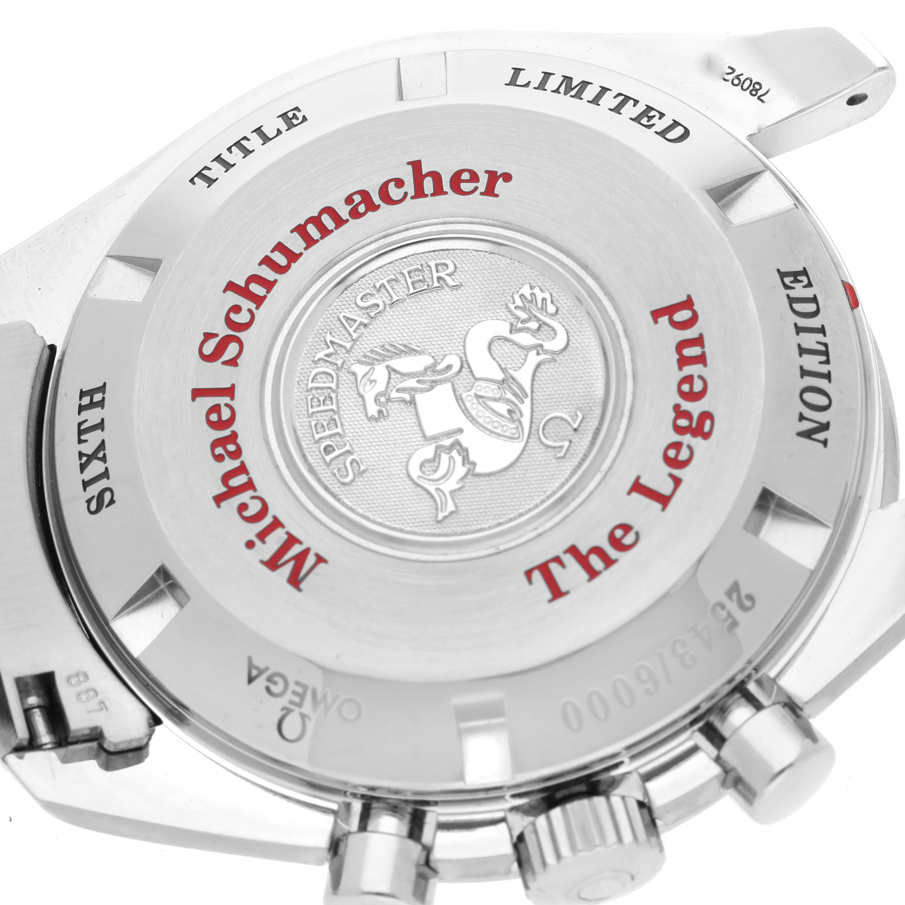 This is an angled view of the caseback and part of the crown of an Omega Speedmaster 3559.32.00 Men's Stainless Steel Silver Dial 3559.32.00 Men's Stainless Steel Silver Dial Michael Schumacher Limited Edition watch.