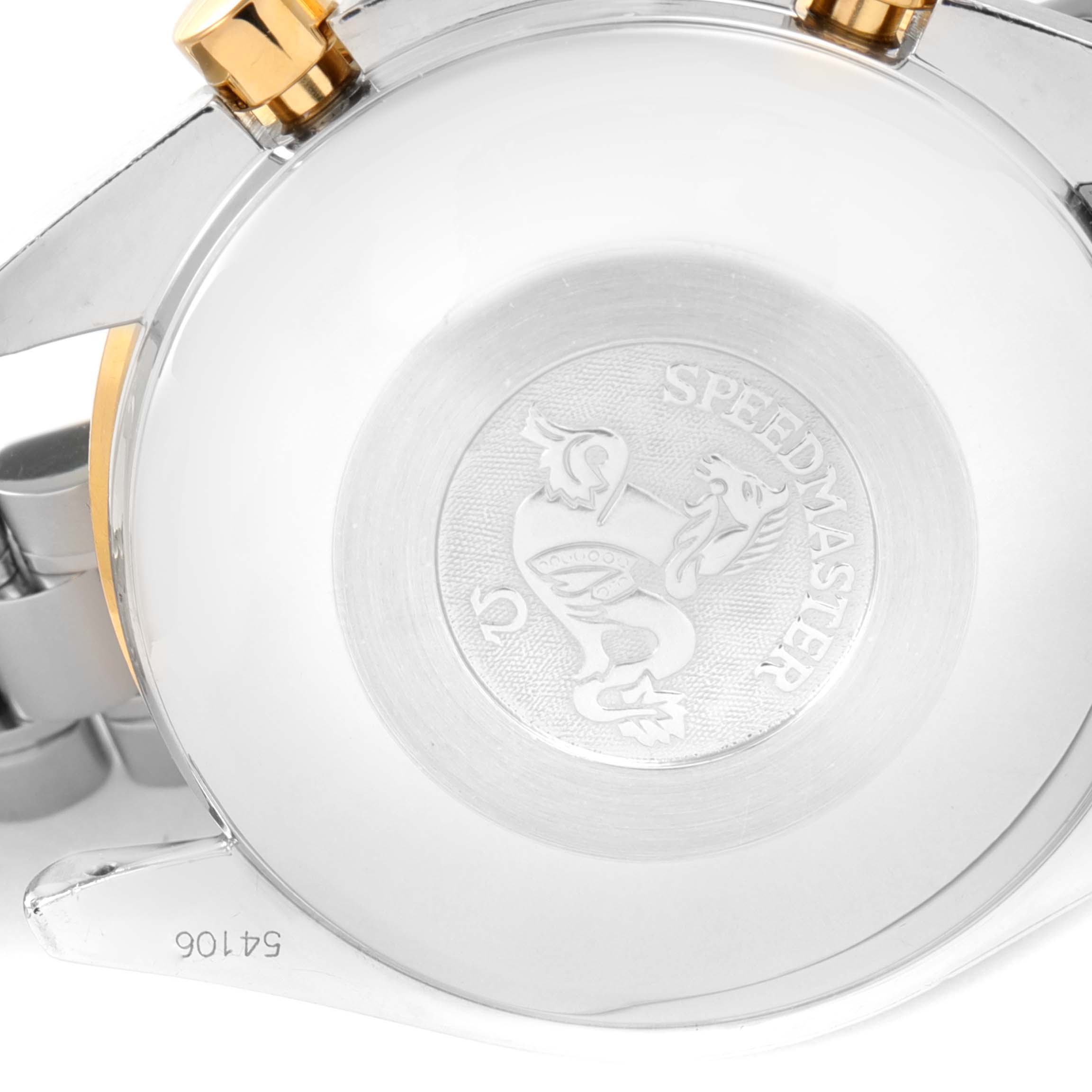 This is the back view of an Omega Speedmaster 3716.50.00 Men's Steel and Gold (two tone) Black Dial 3716.50.00 Men's Steel and Gold (two tone) Black Dial watch showing the engraved case back and part of the bracelet.