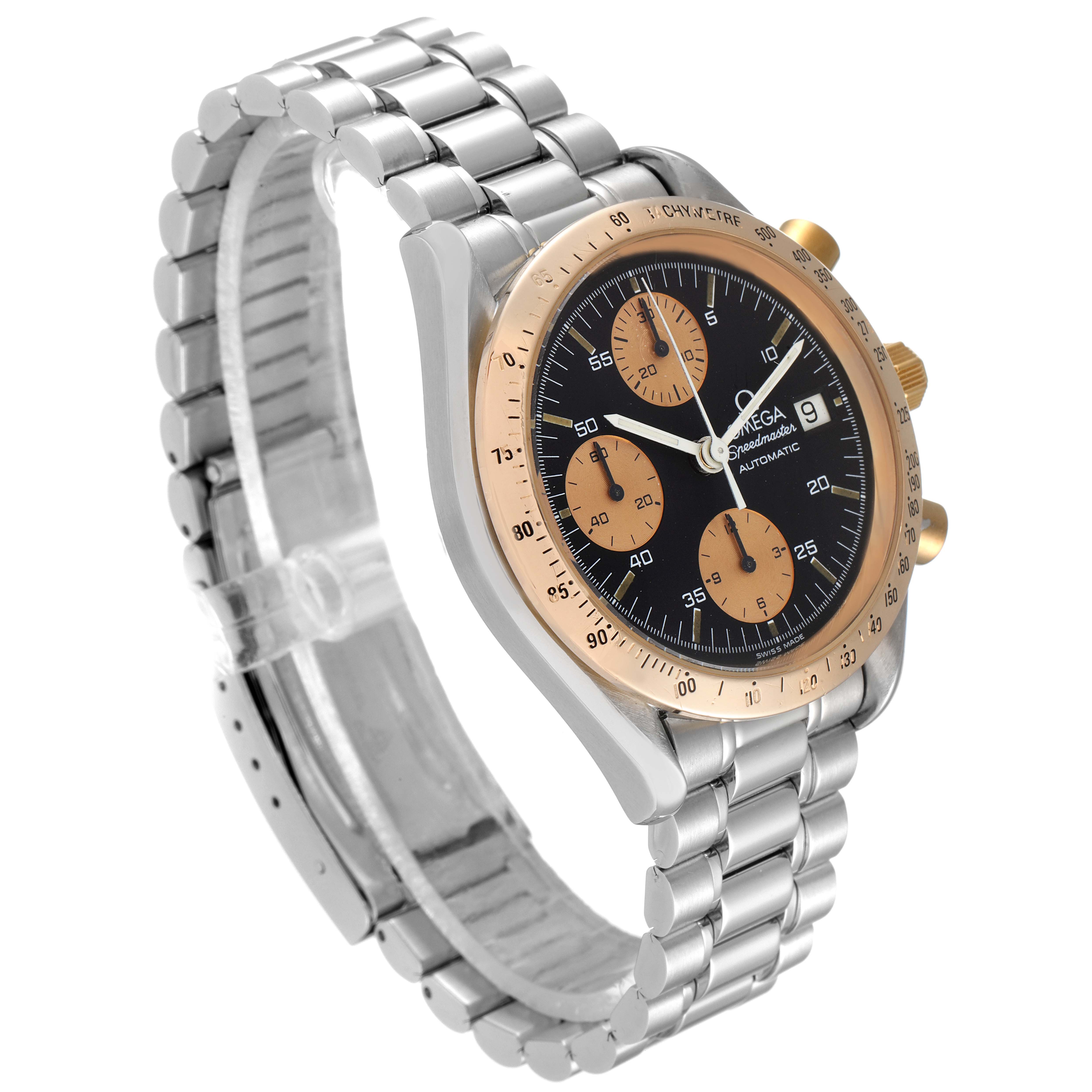 The image shows a side view of an Omega Speedmaster 3716.50.00 Men's Steel and Gold (two tone) Black Dial 3716.50.00 Men's Steel and Gold (two tone) Black Dial watch, highlighting its face, bezel, and metal bracelet.
