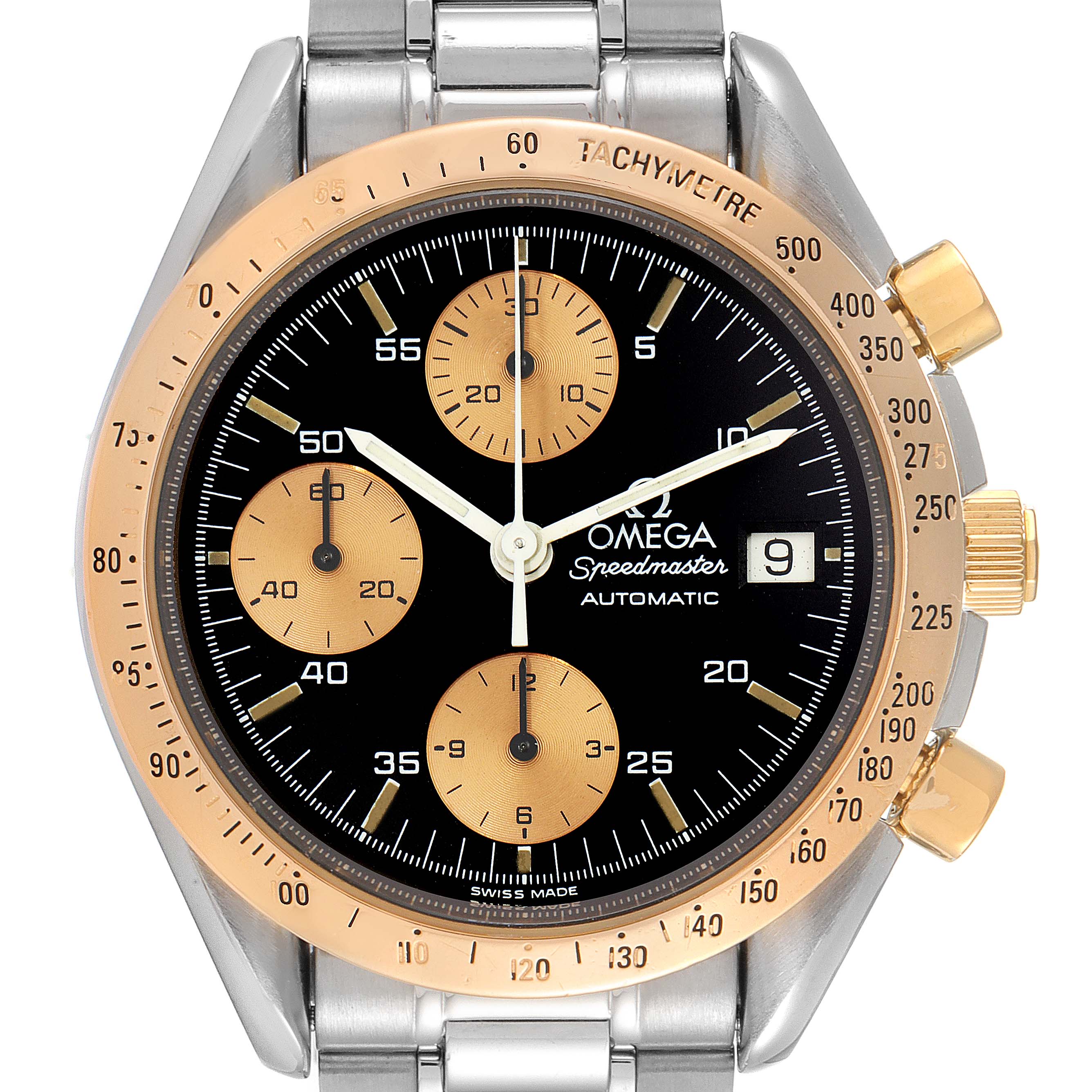 The image shows a front angle view of the Omega Speedmaster 3716.50.00 Men's Steel and Gold (two tone) Black Dial 3716.50.00 Men's Steel and Gold (two tone) Black Dial watch, highlighting its dial, bezel, and crown.