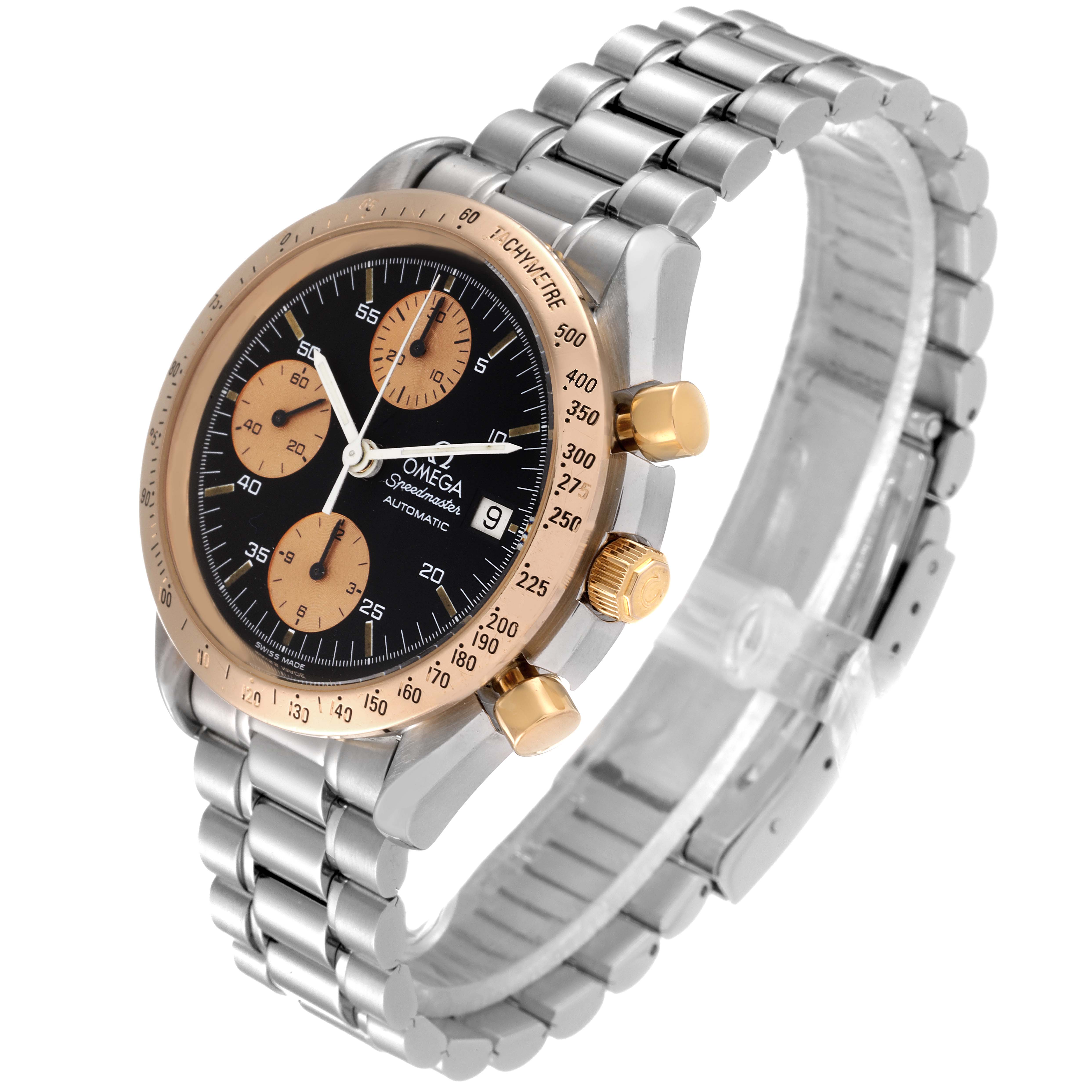 This Omega Speedmaster 3716.50.00 Men's Steel and Gold (two tone) Black Dial 3716.50.00 Men's Steel and Gold (two tone) Black Dial watch is shown at an angle displaying its face, bezel, crown, pushers, and bracelet.