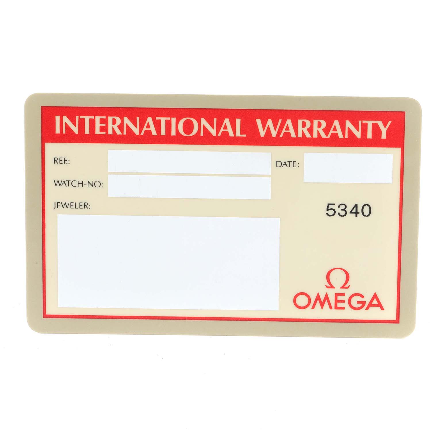 This image shows the international warranty card for the Omega Speedmaster 3716.50.00 Men's Steel and Gold (two tone) Black Dial 3716.50.00 Men's Steel and Gold (two tone) Black Dial watch model.