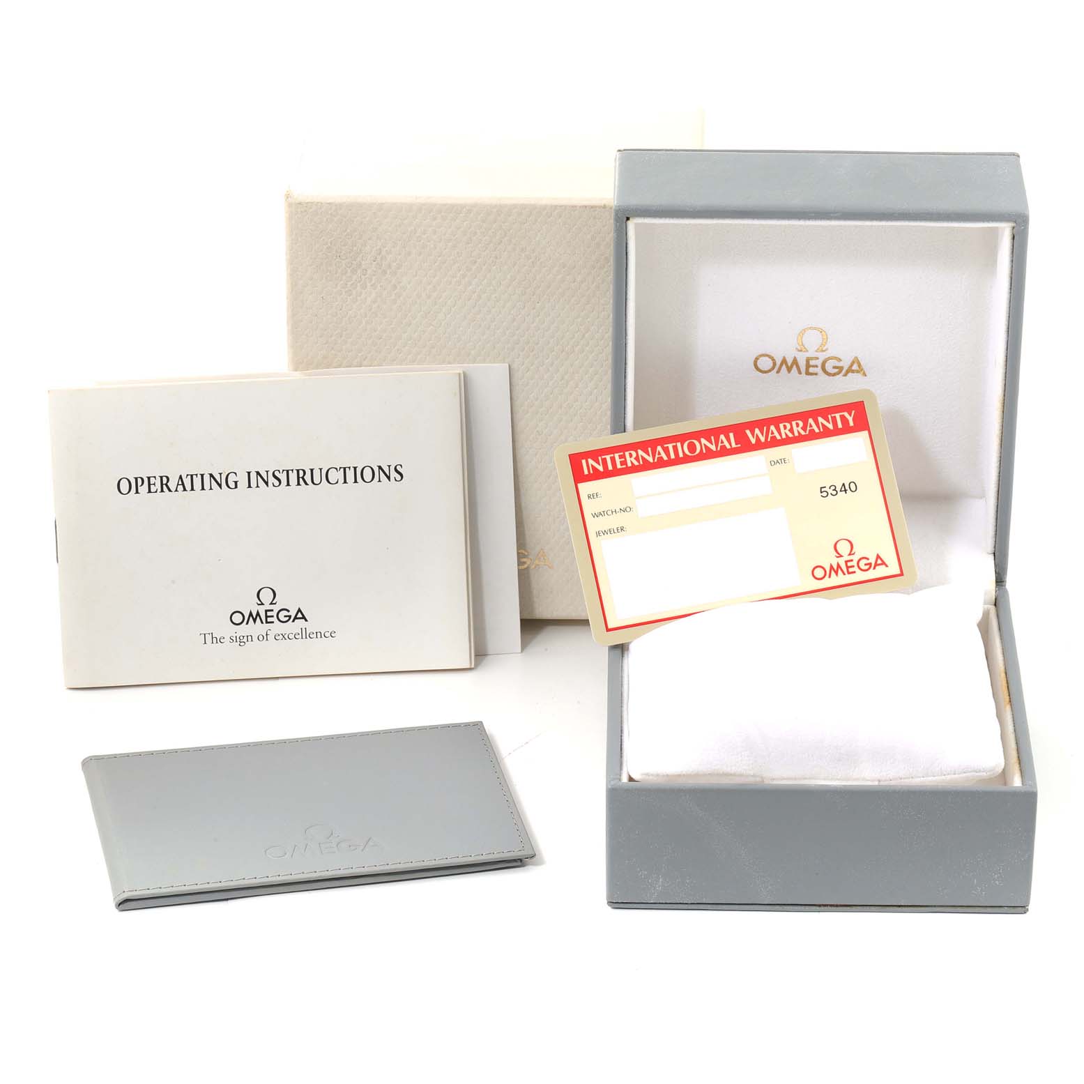 The image shows the packaging, operating instructions, warranty card, and a wallet for the Omega Speedmaster 3716.50.00 Men's Steel and Gold (two tone) Black Dial 3716.50.00 Men's Steel and Gold (two tone) Black Dial watch.