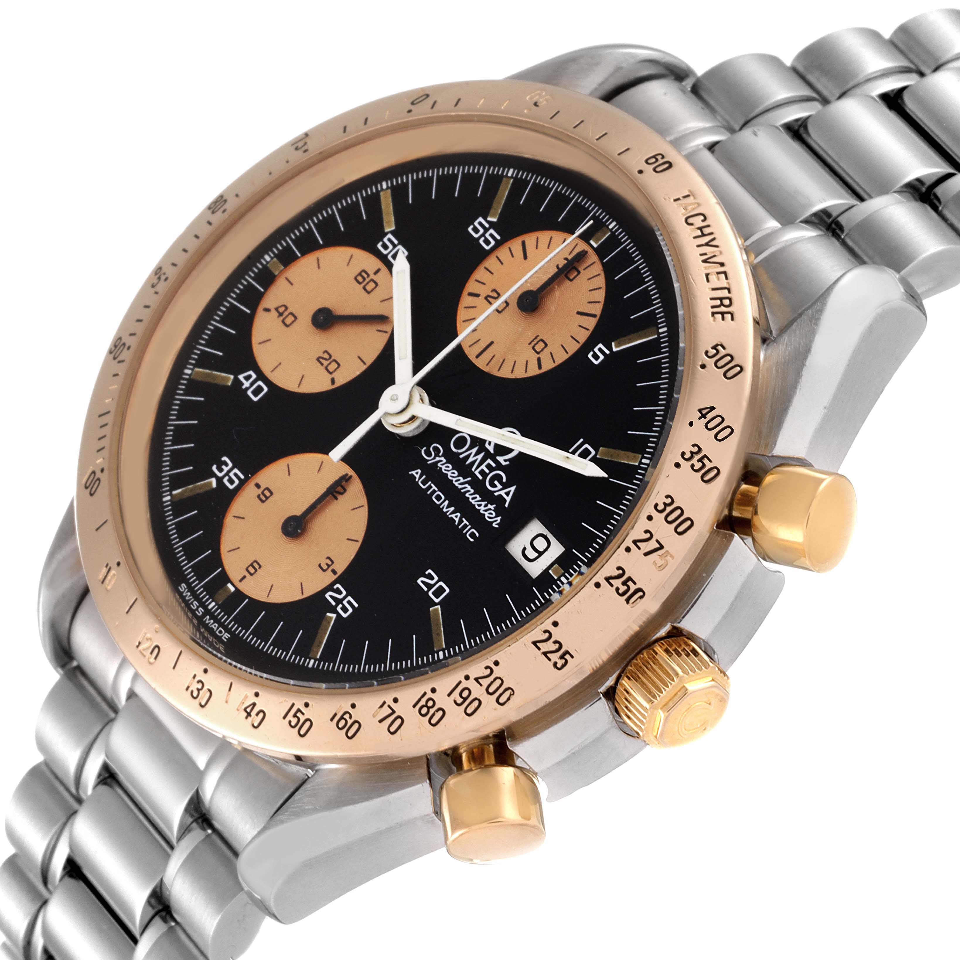The Omega Speedmaster 3716.50.00 Men's Steel and Gold (two tone) Black Dial 3716.50.00 Men's Steel and Gold (two tone) Black Dial watch is shown at a slight angle highlighting its face, bezel, crown, and bracelet.