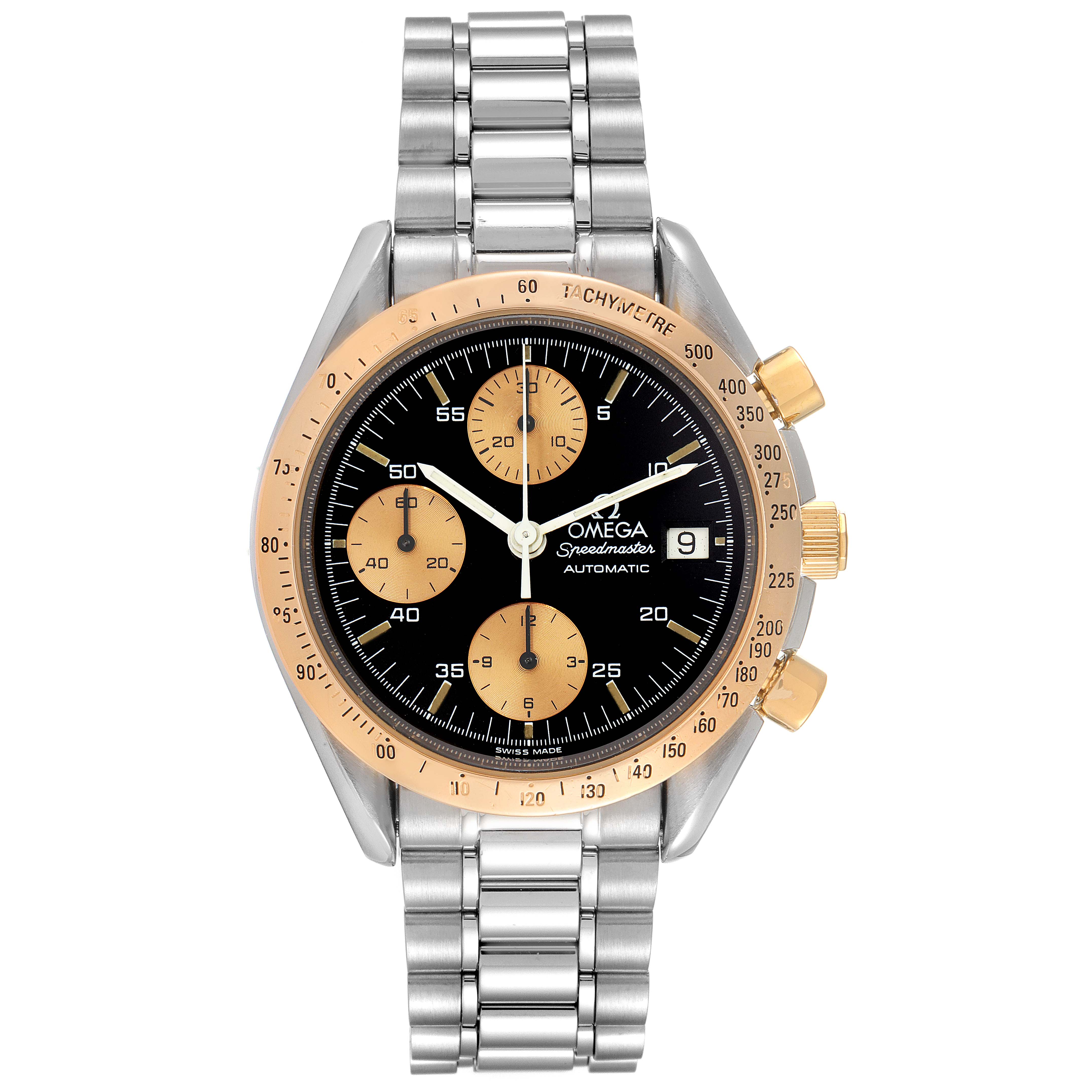 This image shows the Omega Speedmaster 3716.50.00 Men's Steel and Gold (two tone) Black Dial 3716.50.00 Men's Steel and Gold (two tone) Black Dial watch from a front angle, displaying the dial, bezel, crown, and stainless steel strap.
