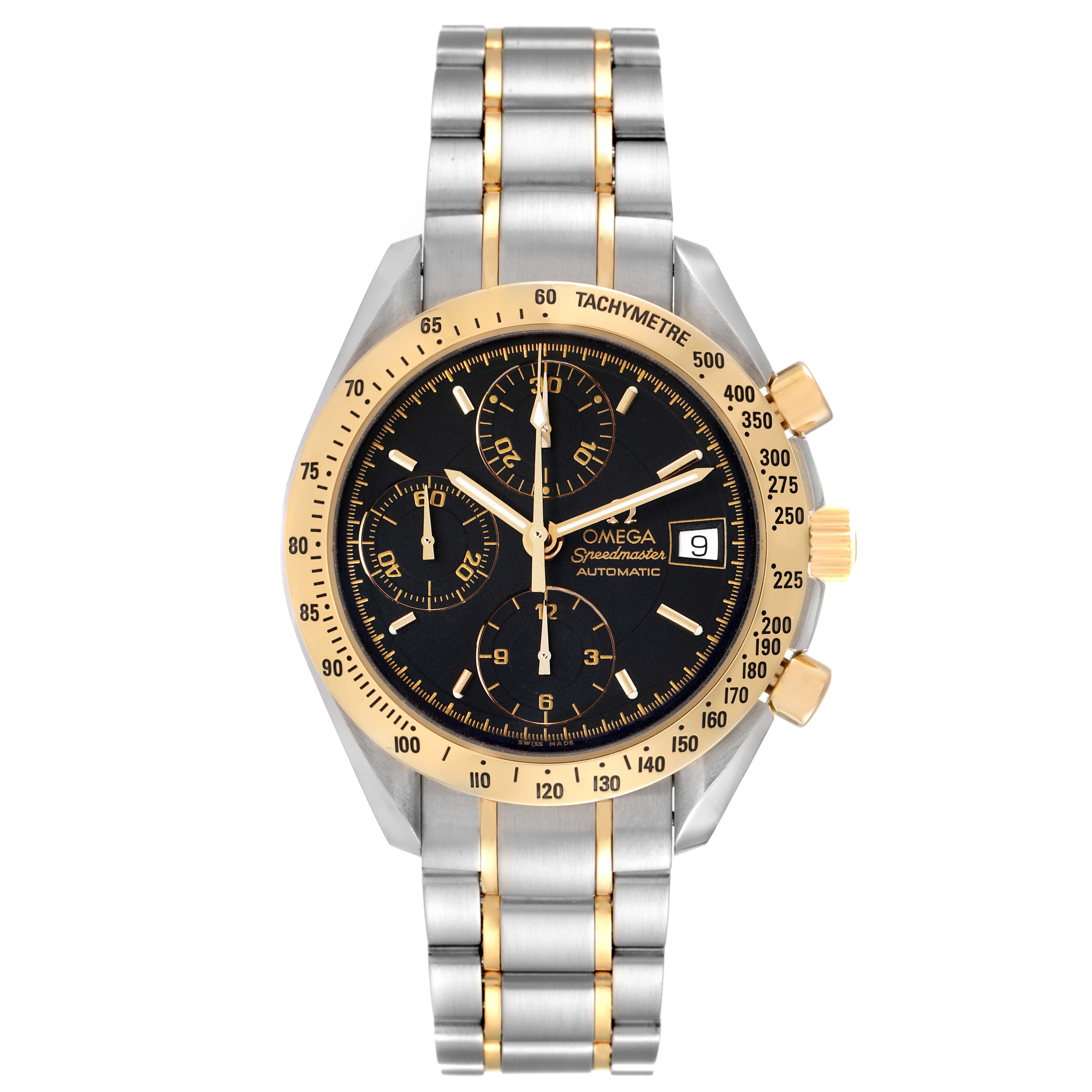 The image shows a front view of the Omega Speedmaster 3313.50.00 Men
s Steel and Gold (two tone) Black Dial 3313.50.00 Men
s Steel and Gold (two tone) Black Dial watch, highlighting its dial, bezel, bracelet, and pushers.