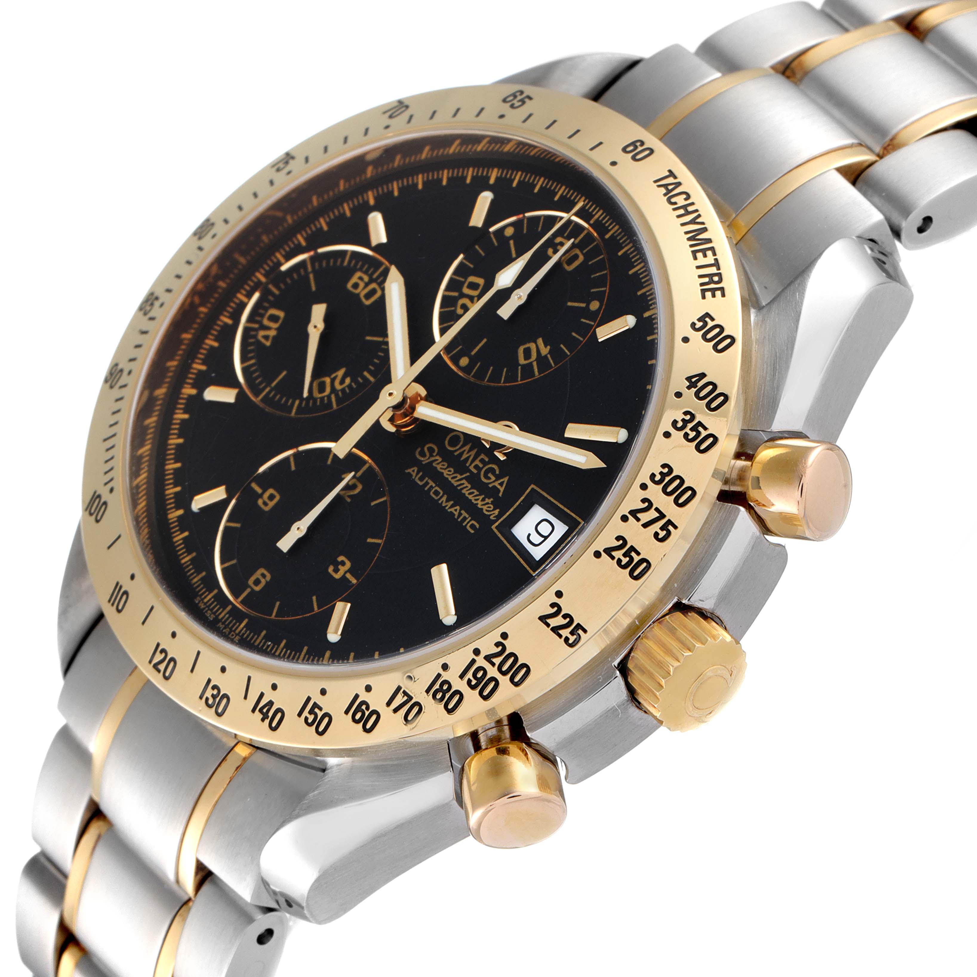 The image shows an angled view of the Omega Speedmaster 3313.50.00 Men
s Steel and Gold (two tone) Black Dial 3313.50.00 Men
s Steel and Gold (two tone) Black Dial watch, highlighting the bezel, dial, pushers, and bracelet.