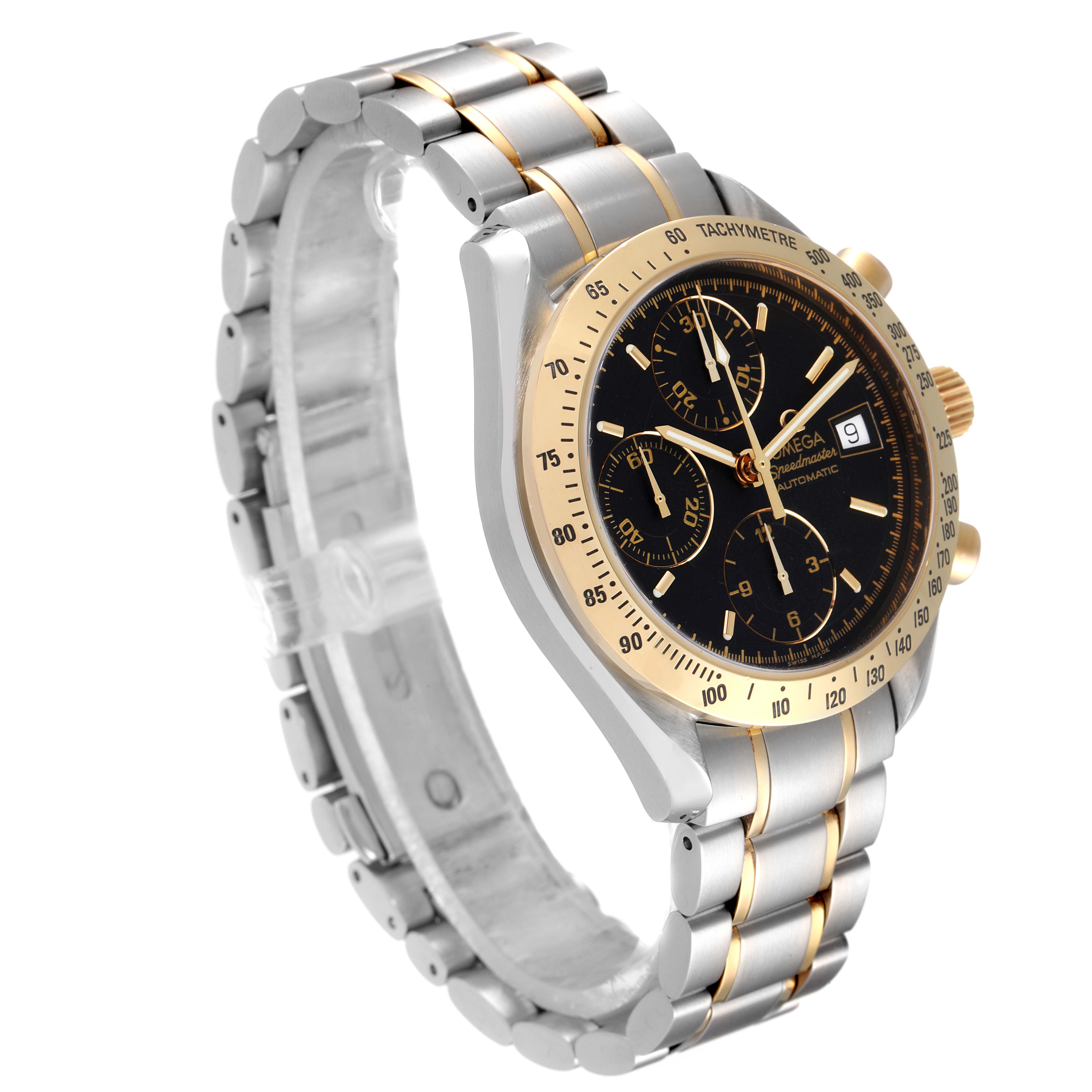 The Omega Speedmaster 3313.50.00 Men
s Steel and Gold (two tone) Black Dial 3313.50.00 Men
s Steel and Gold (two tone) Black Dial watch is shown at an angle highlighting its face, bezel, and bracelet with a close-up on the right side.