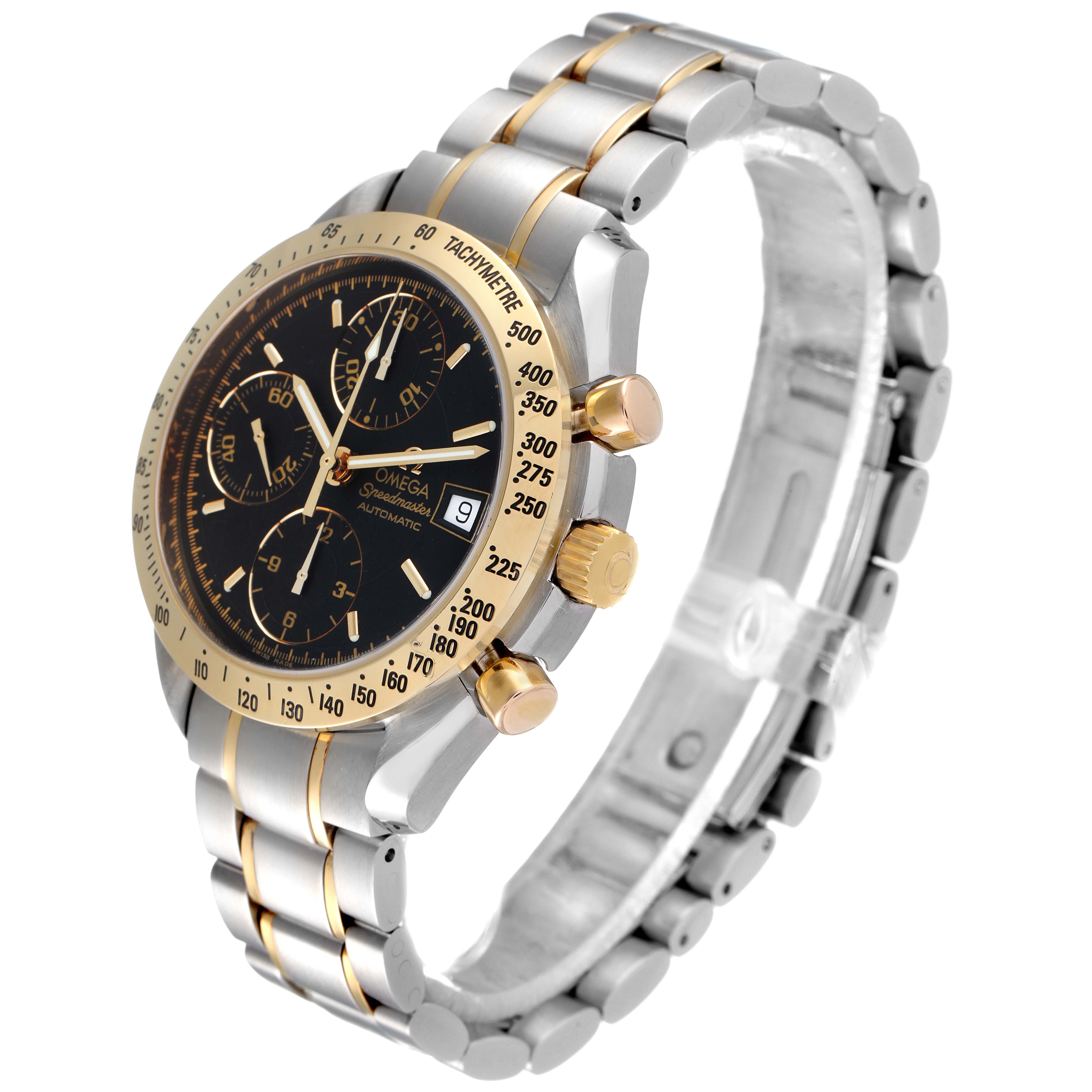 The Omega Speedmaster 3313.50.00 Men
s Steel and Gold (two tone) Black Dial 3313.50.00 Men
s Steel and Gold (two tone) Black Dial watch is shown from a slight front-side angle, highlighting the dial, bezel, and stainless steel and gold bracelet.