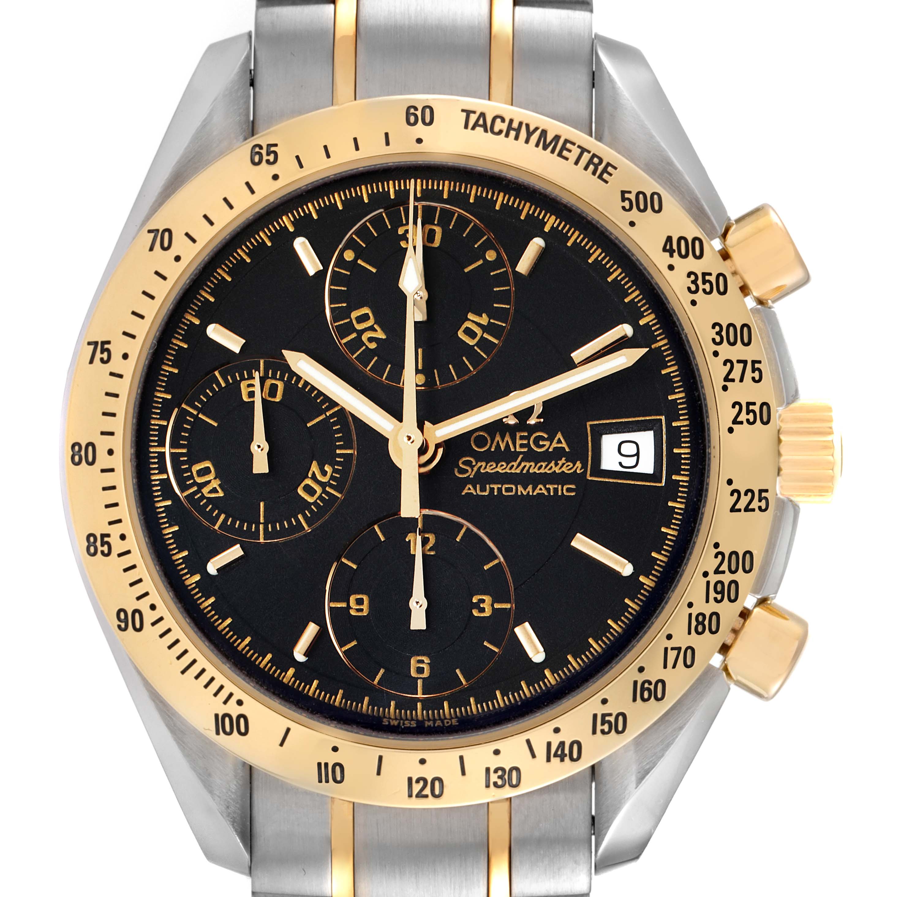 The image shows a front view of an Omega Speedmaster 3313.50.00 Men
s Steel and Gold (two tone) Black Dial 3313.50.00 Men
s Steel and Gold (two tone) Black Dial watch, highlighting the dial, bezel, pushers, and bracelet.