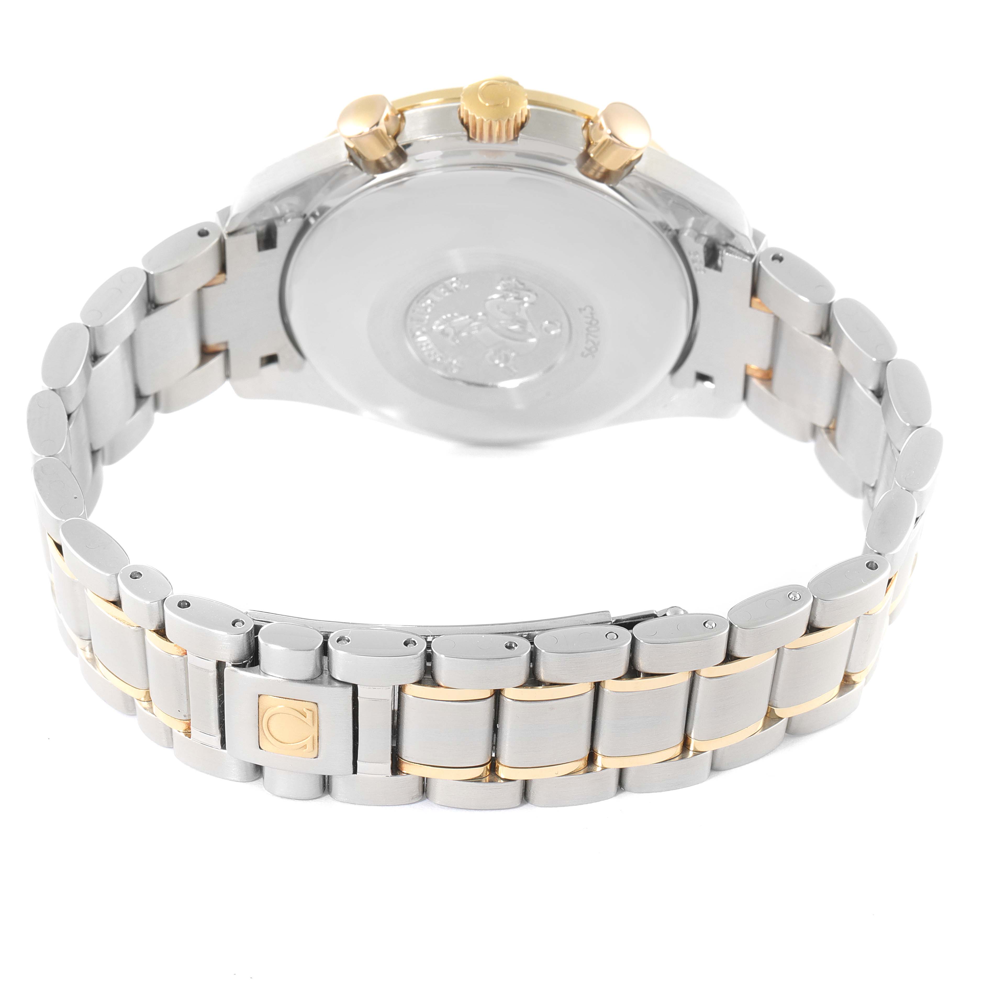 The image shows the back view of an Omega Speedmaster 3313.50.00 Men
s Steel and Gold (two tone) Black Dial 3313.50.00 Men
s Steel and Gold (two tone) Black Dial watch, highlighting its bracelet and clasp.