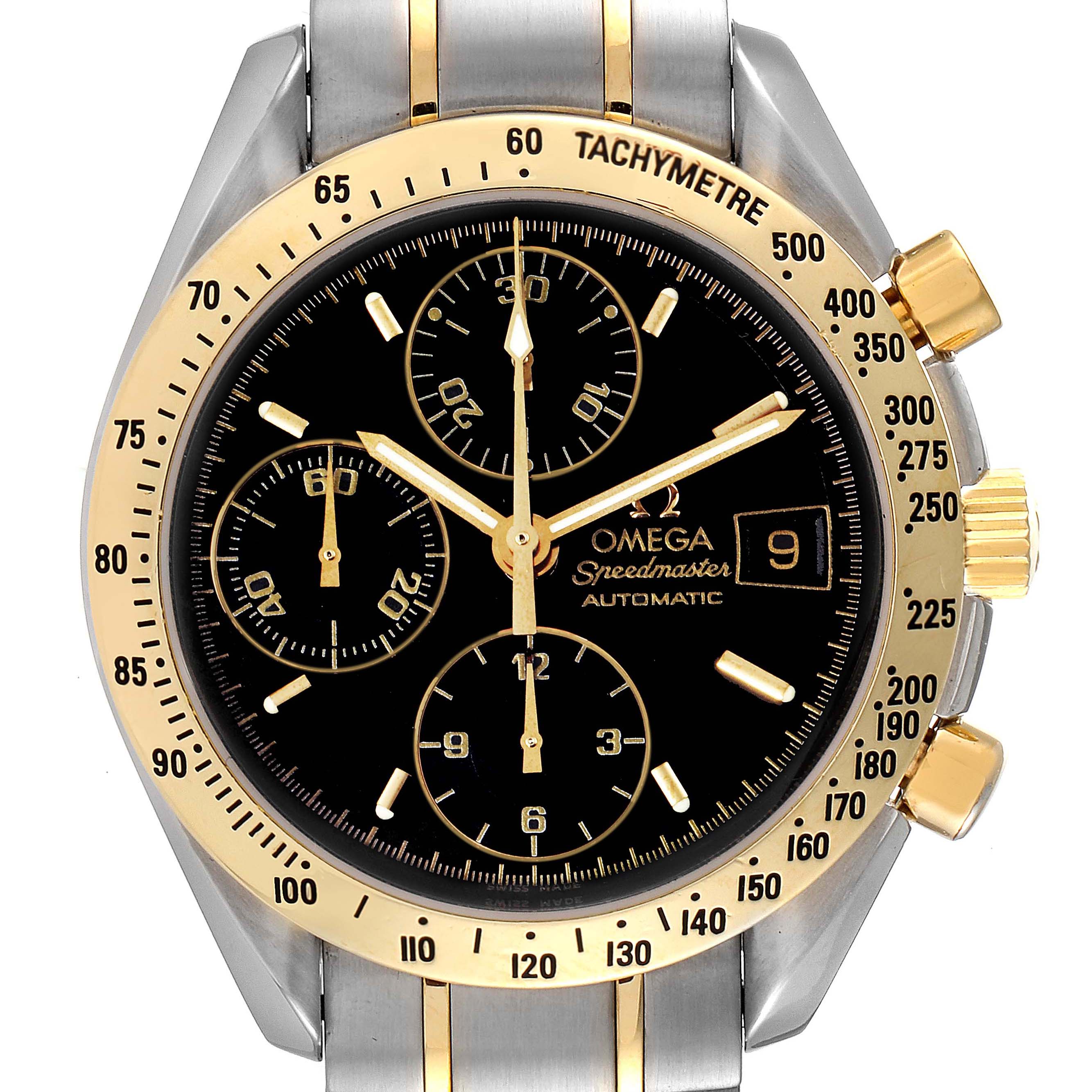 The image shows the front view of an Omega Speedmaster 3313.50.00 Men's Steel and Gold (two tone) Black Dial 3313.50.00 Men's Steel and Gold (two tone) Black Dial watch, highlighting its dial, subdials, bezel, and crown.
