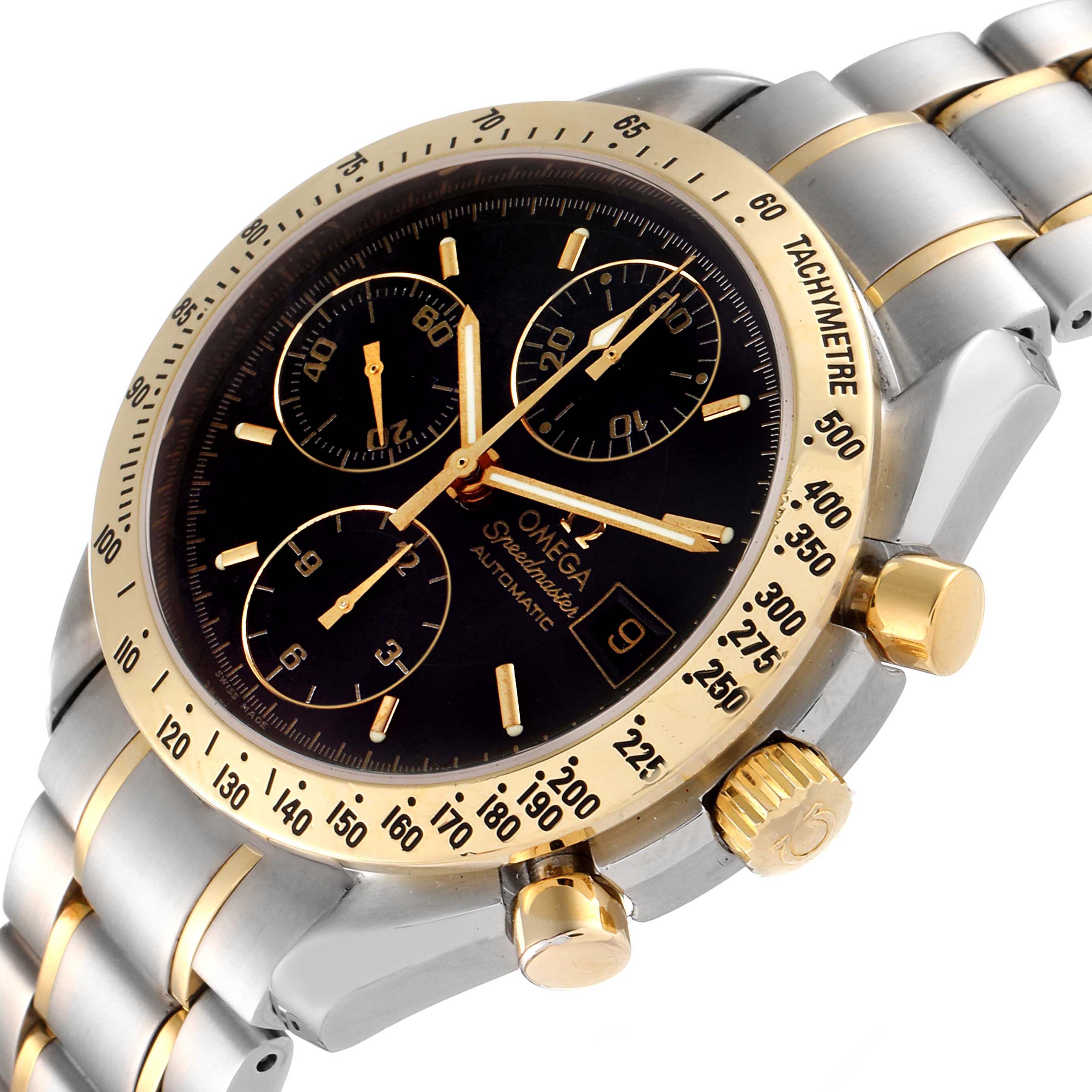 The image shows an angled view of an Omega Speedmaster 3313.50.00 Men's Steel and Gold (two tone) Black Dial 3313.50.00 Men's Steel and Gold (two tone) Black Dial watch, highlighting its dial, bezel, pushers, and two-tone bracelet.