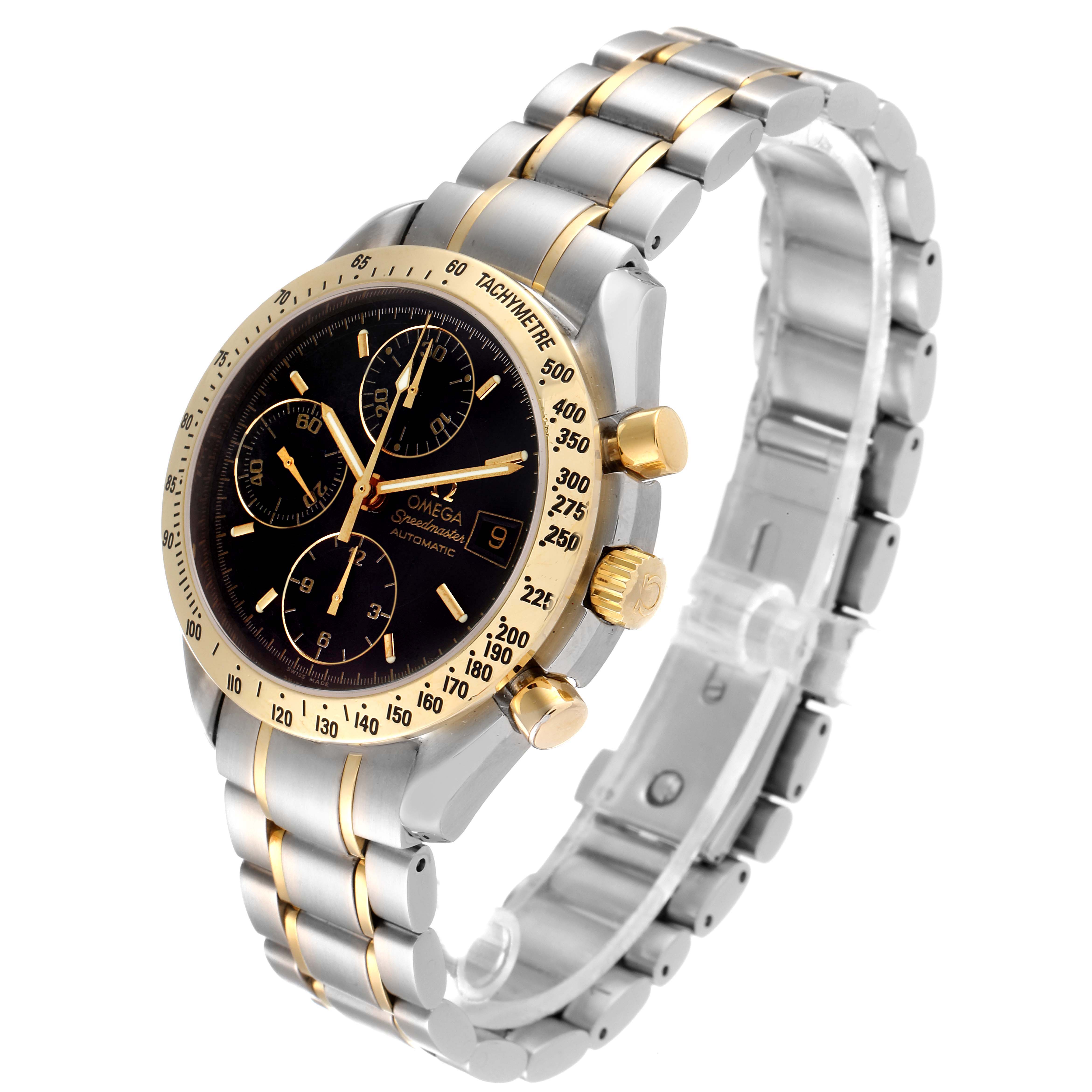 This Omega Speedmaster 3313.50.00 Men's Steel and Gold (two tone) Black Dial 3313.50.00 Men's Steel and Gold (two tone) Black Dial watch is shown at an angled side view, highlighting the face, bezel, pushers, and bracelet.