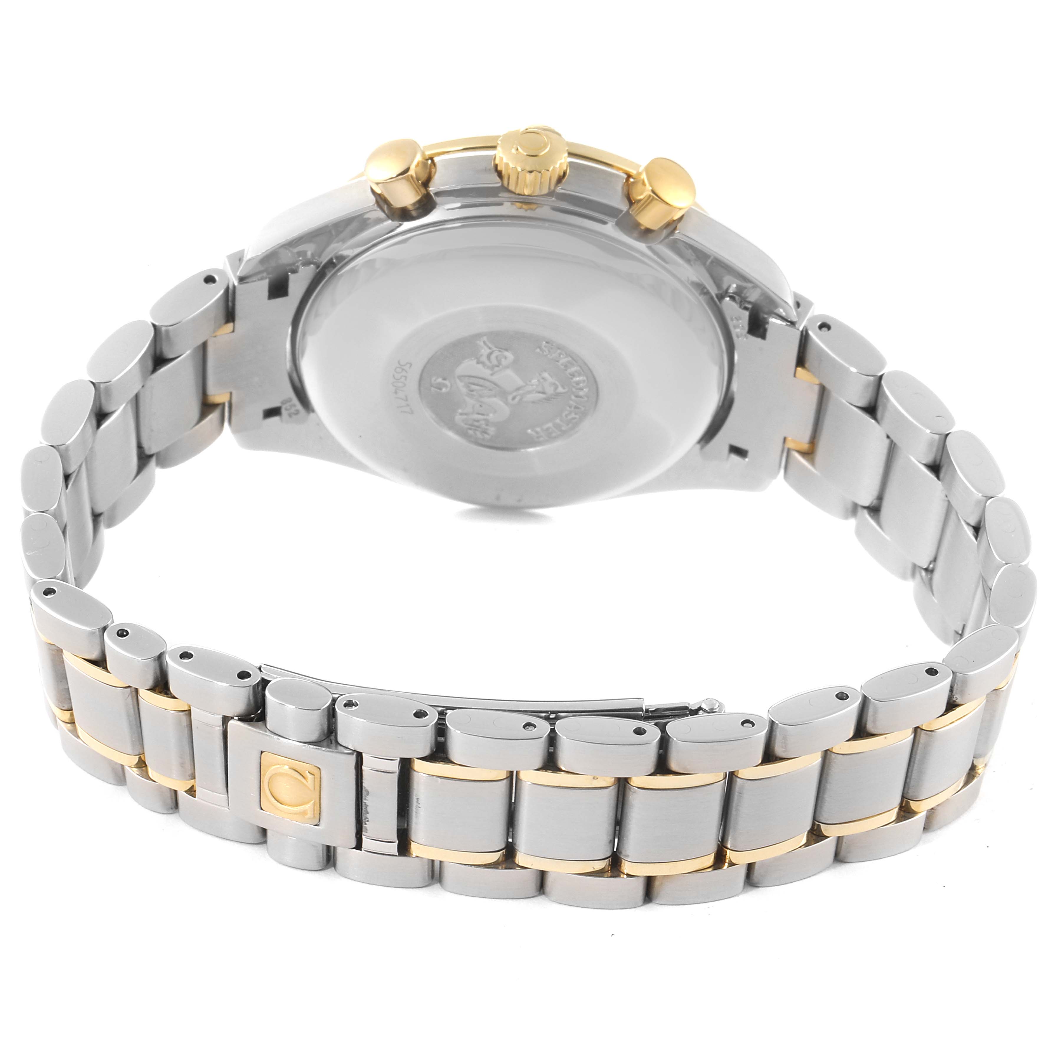 The image shows the back and side of an Omega Speedmaster 3313.50.00 Men's Steel and Gold (two tone) Black Dial 3313.50.00 Men's Steel and Gold (two tone) Black Dial watch, highlighting its bracelet, clasp, and crown.