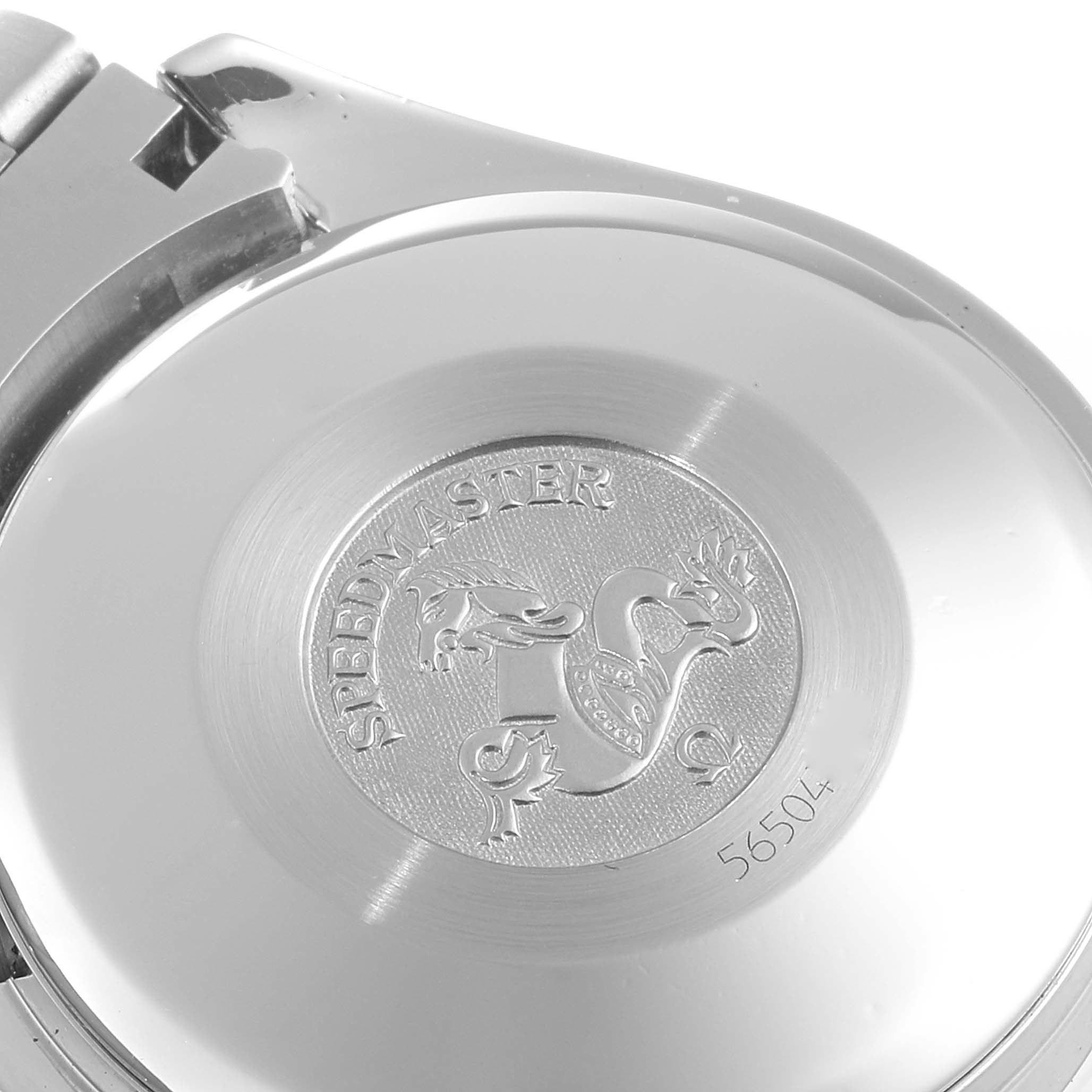 The image shows the case back of the Omega Speedmaster 3313.50.00 Men's Steel and Gold (two tone) Black Dial 3313.50.00 Men's Steel and Gold (two tone) Black Dial watch, featuring an embossed logo and serial number.