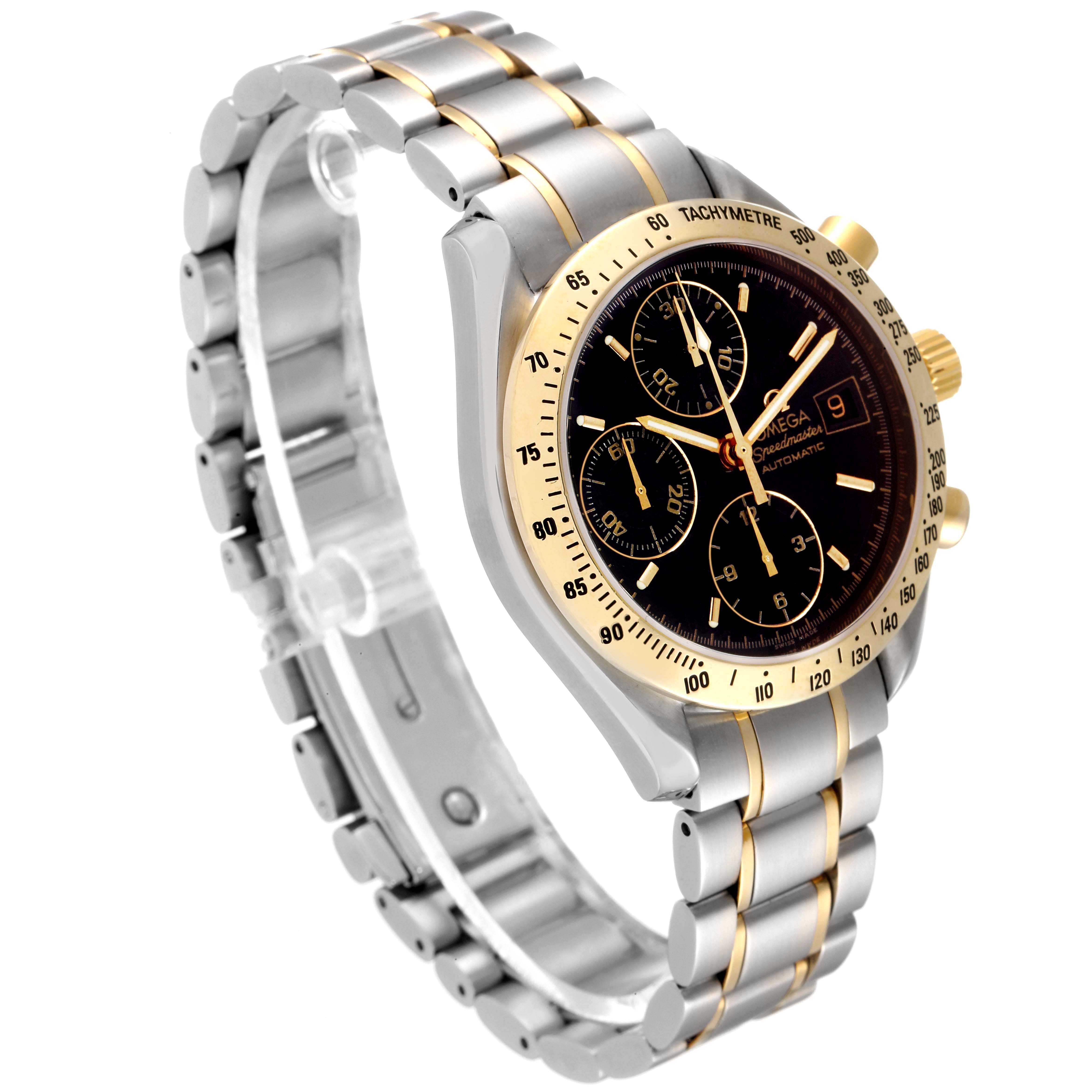 The image shows an Omega Speedmaster 3313.50.00 Men's Steel and Gold (two tone) Black Dial 3313.50.00 Men's Steel and Gold (two tone) Black Dial watch at a right-side angle, highlighting its face and a two-tone metal bracelet.