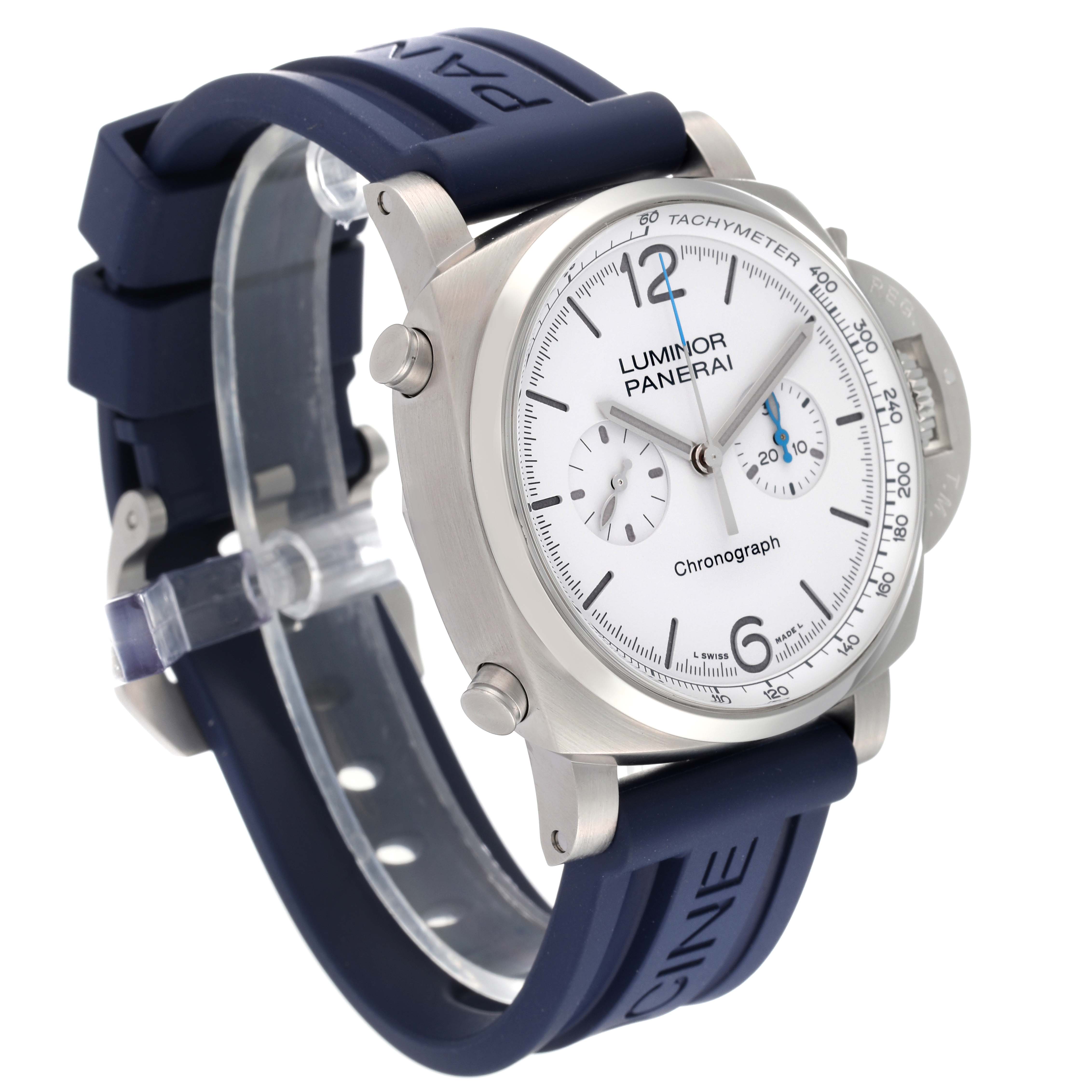 The image shows a Panerai Luminor PAM01218 Men
s Stainless Steel White Dial PAM01218 Men
s Stainless Steel White Dial Chronograph watch with a blue rubber strap, viewed from a three-quarter angle.