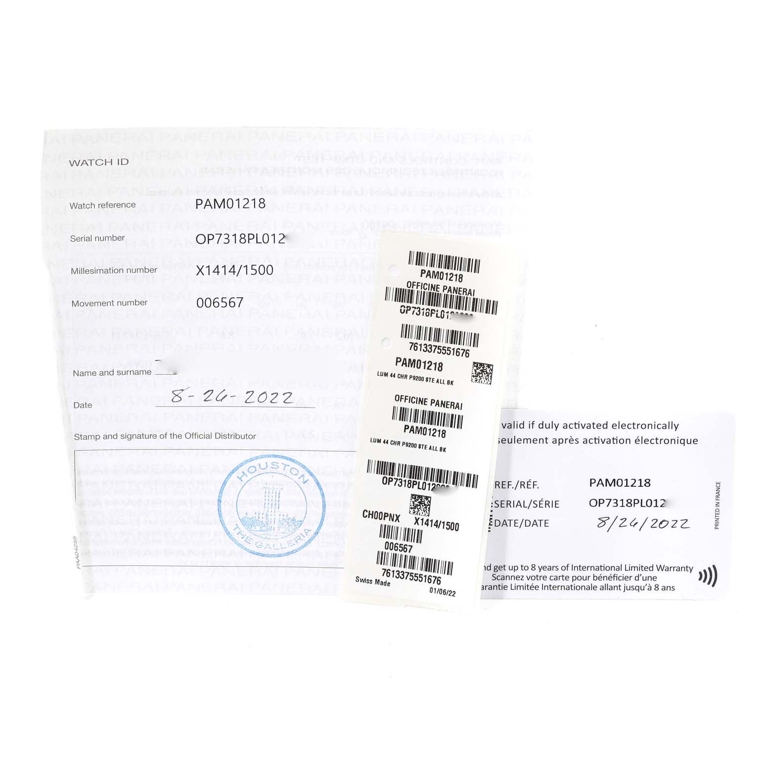 The image shows documentation and tags for the Panerai Luminor PAM01218 Men
s Stainless Steel White Dial PAM01218 Men
s Stainless Steel White Dial model PAM01218.