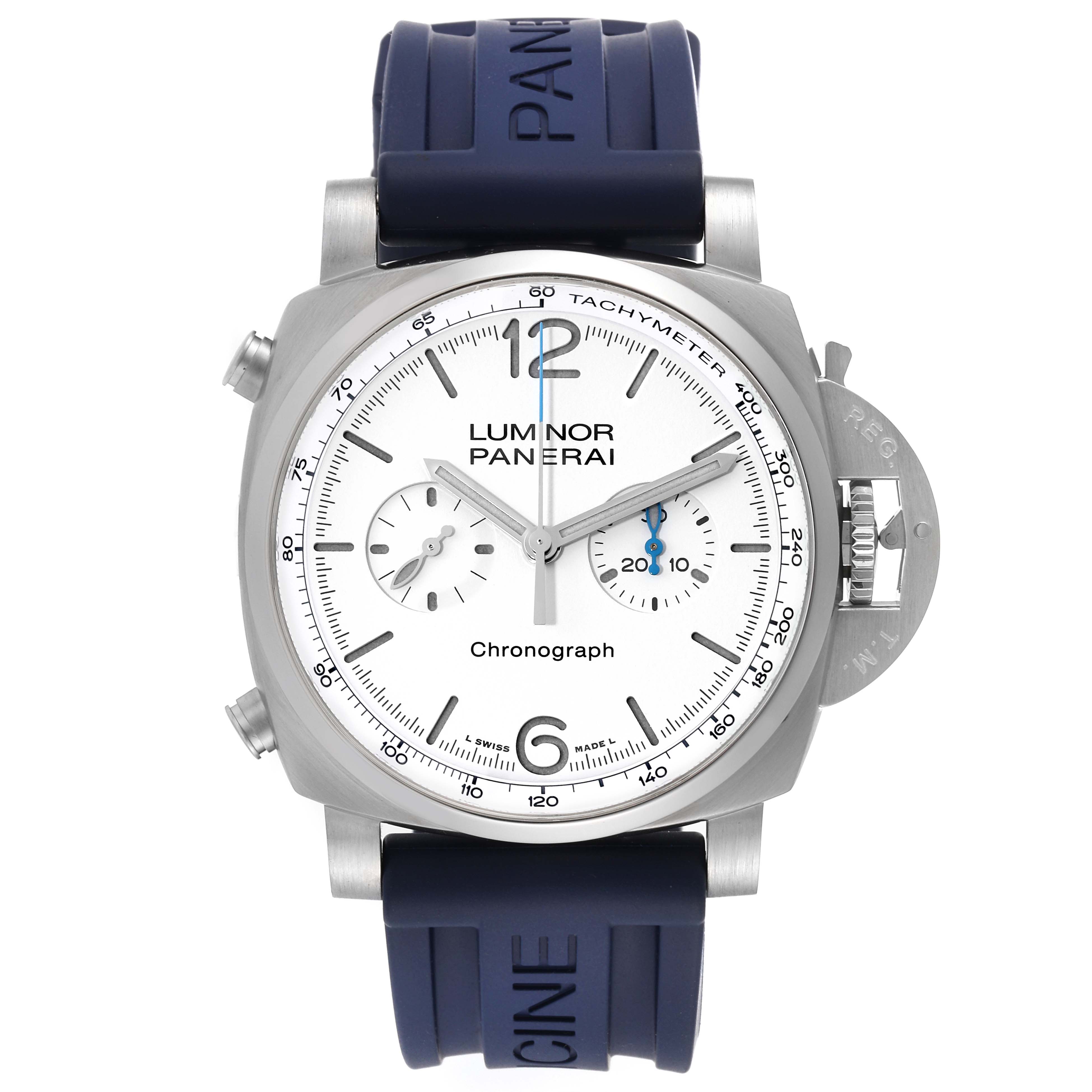 This image shows a front view of the Panerai Luminor PAM01218 Men
s Stainless Steel White Dial PAM01218 Men
s Stainless Steel White Dial watch, highlighting the face, dial, crown guard, and blue rubber strap.