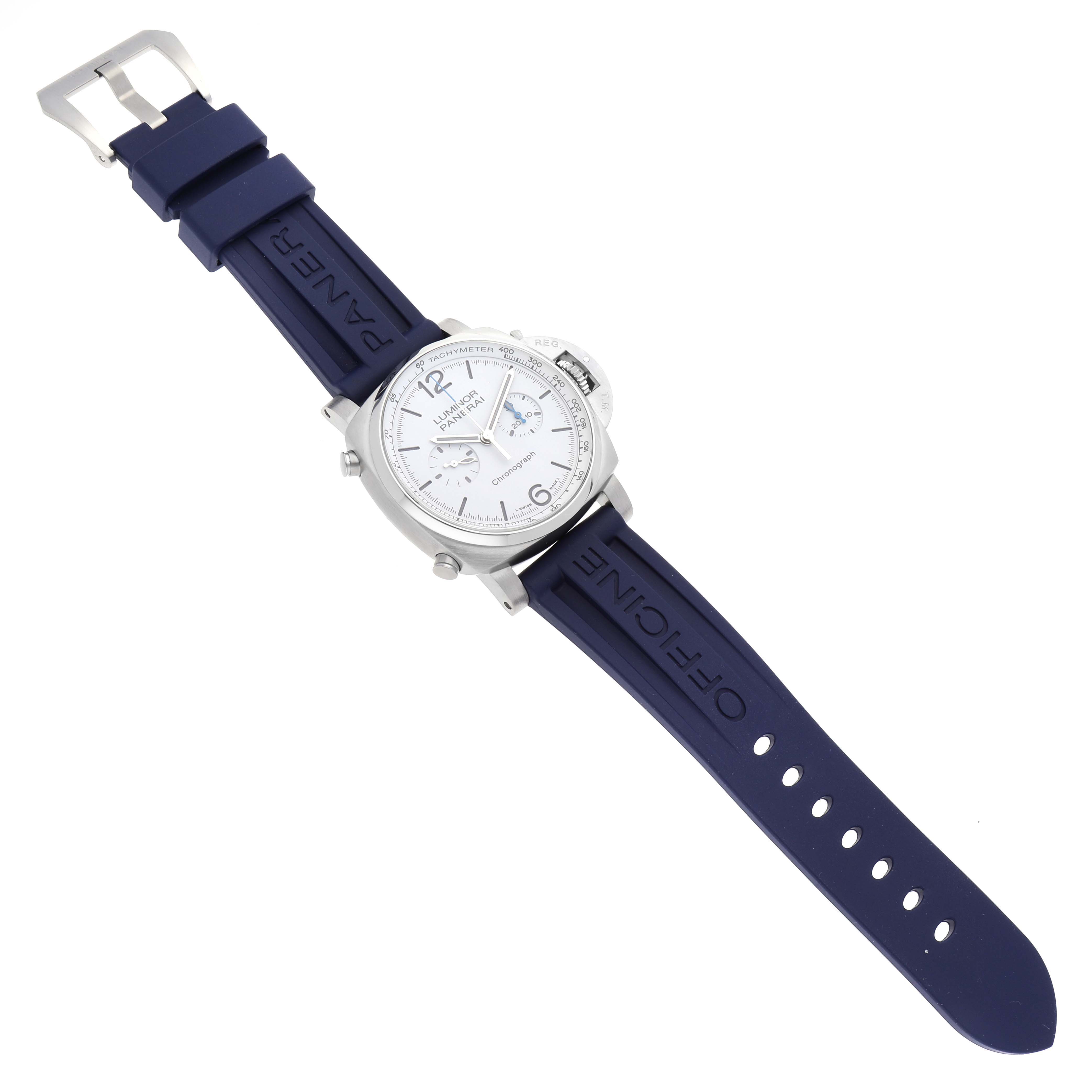 The image shows a top-down view of a Panerai Luminor PAM01218 Men
s Stainless Steel White Dial PAM01218 Men
s Stainless Steel White Dial watch with a blue strap and visible buckle.