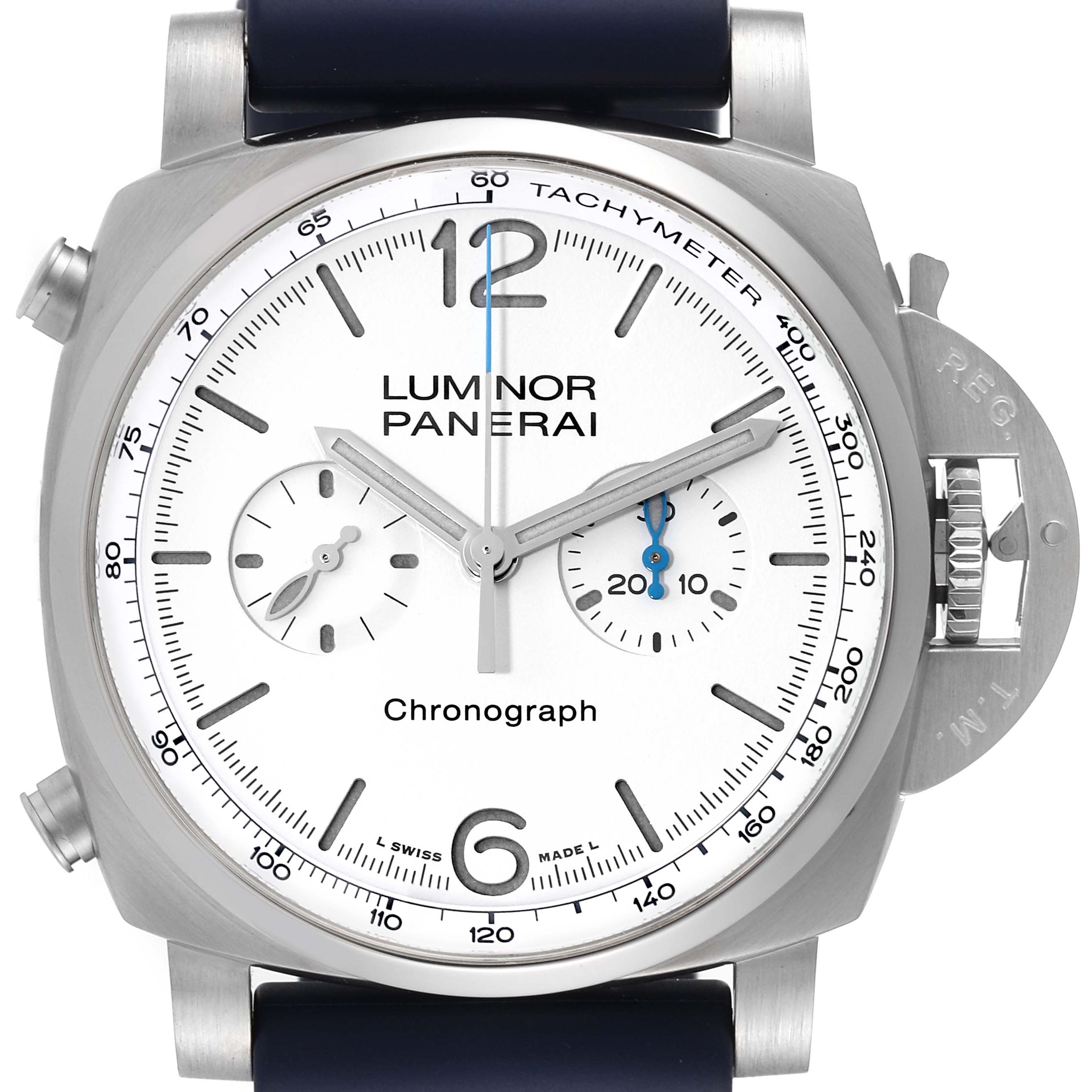 This is a front view of a Panerai Luminor PAM01218 Men
s Stainless Steel White Dial PAM01218 Men
s Stainless Steel White Dial watch, displaying the dial, case, and crown guard.