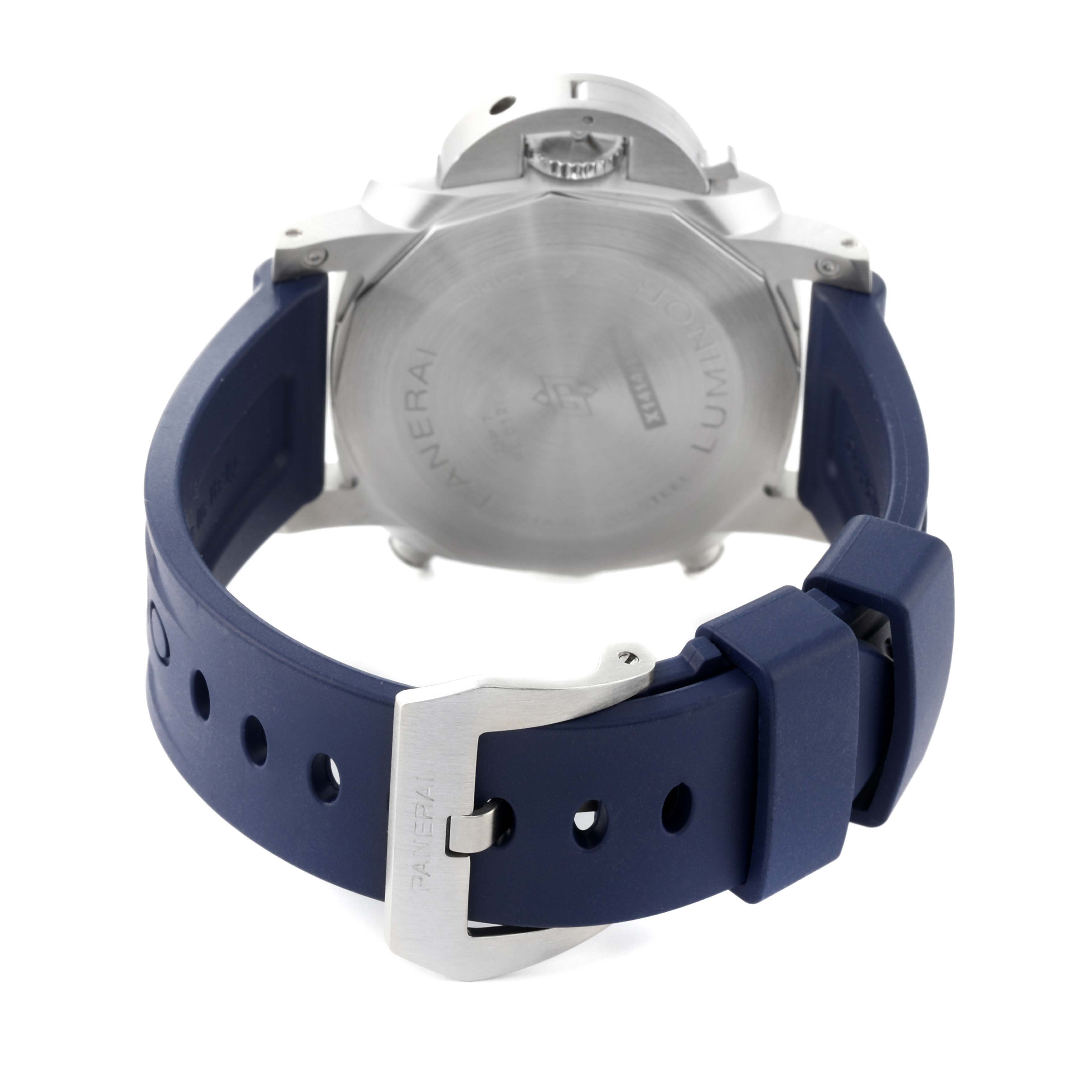 This image shows the back view of a Panerai Luminor PAM01218 Men
s Stainless Steel White Dial PAM01218 Men
s Stainless Steel White Dial watch with a blue rubber strap and buckle.