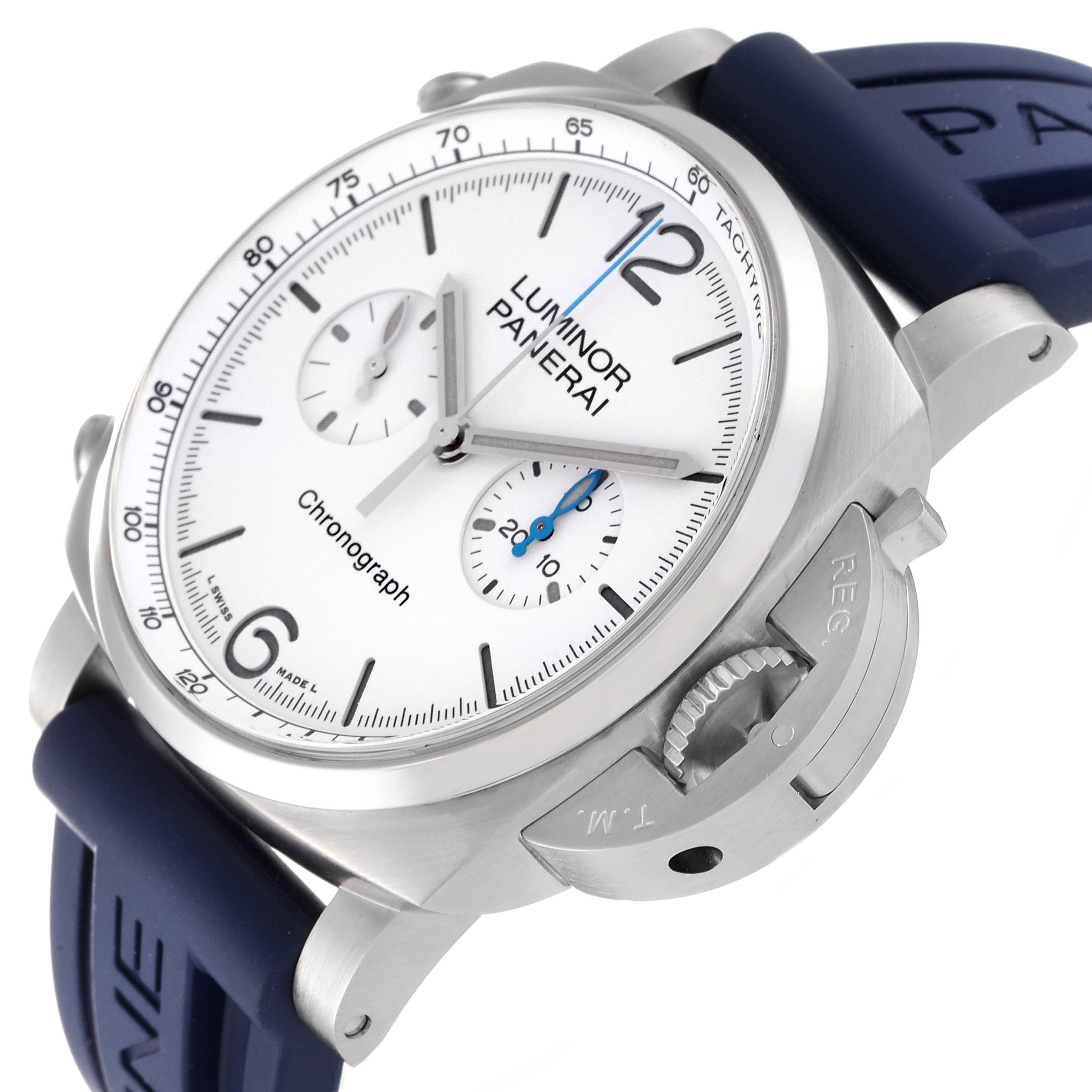 The image shows a Panerai Luminor PAM01218 Men
s Stainless Steel White Dial PAM01218 Men
s Stainless Steel White Dial Chronograph watch at an angle highlighting its dial, crown guard, and blue strap.