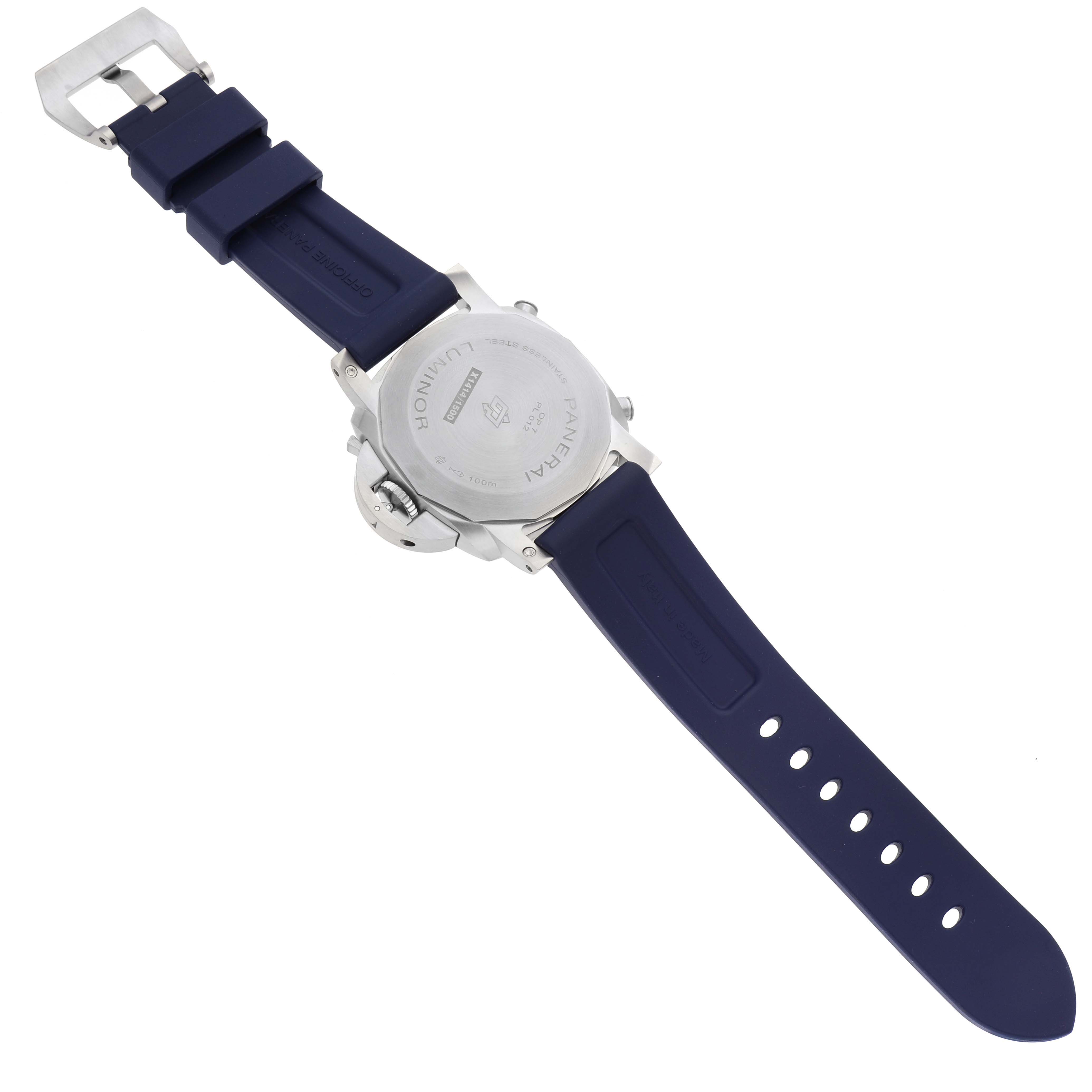 The image shows the back case and strap of a Panerai Luminor PAM01218 Men
s Stainless Steel White Dial PAM01218 Men
s Stainless Steel White Dial watch from a top-down angle.