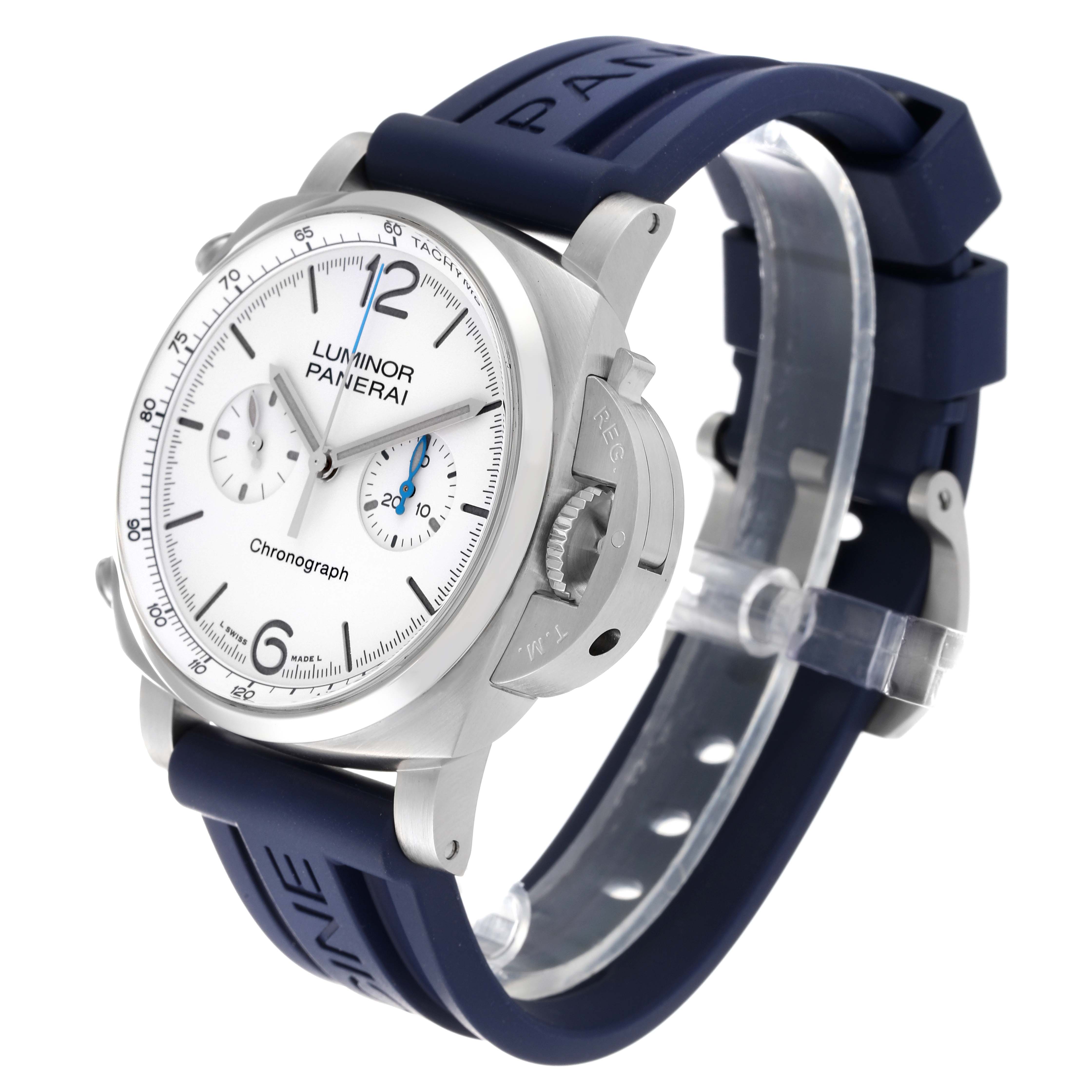 The image shows a Panerai Luminor PAM01218 Men
s Stainless Steel White Dial PAM01218 Men
s Stainless Steel White Dial watch at an angle highlighting its face, side crown guard, and blue rubber strap.