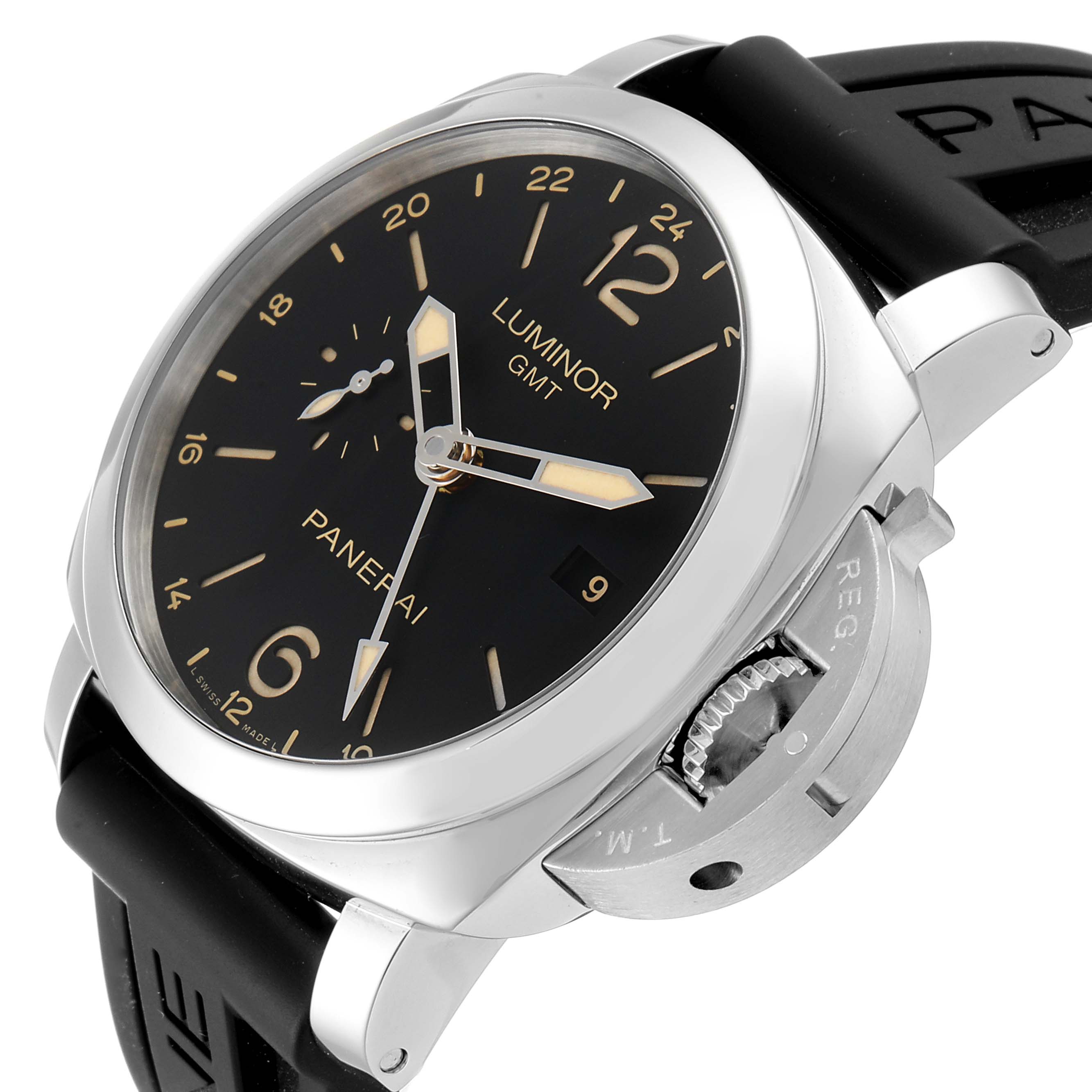 The image shows a close-up angled view of a Panerai Luminor PAM00531 Men
s Stainless Steel Black Dial PAM00531 Men
s Stainless Steel Black Dial GMT watch, highlighting the dial and crown guard.