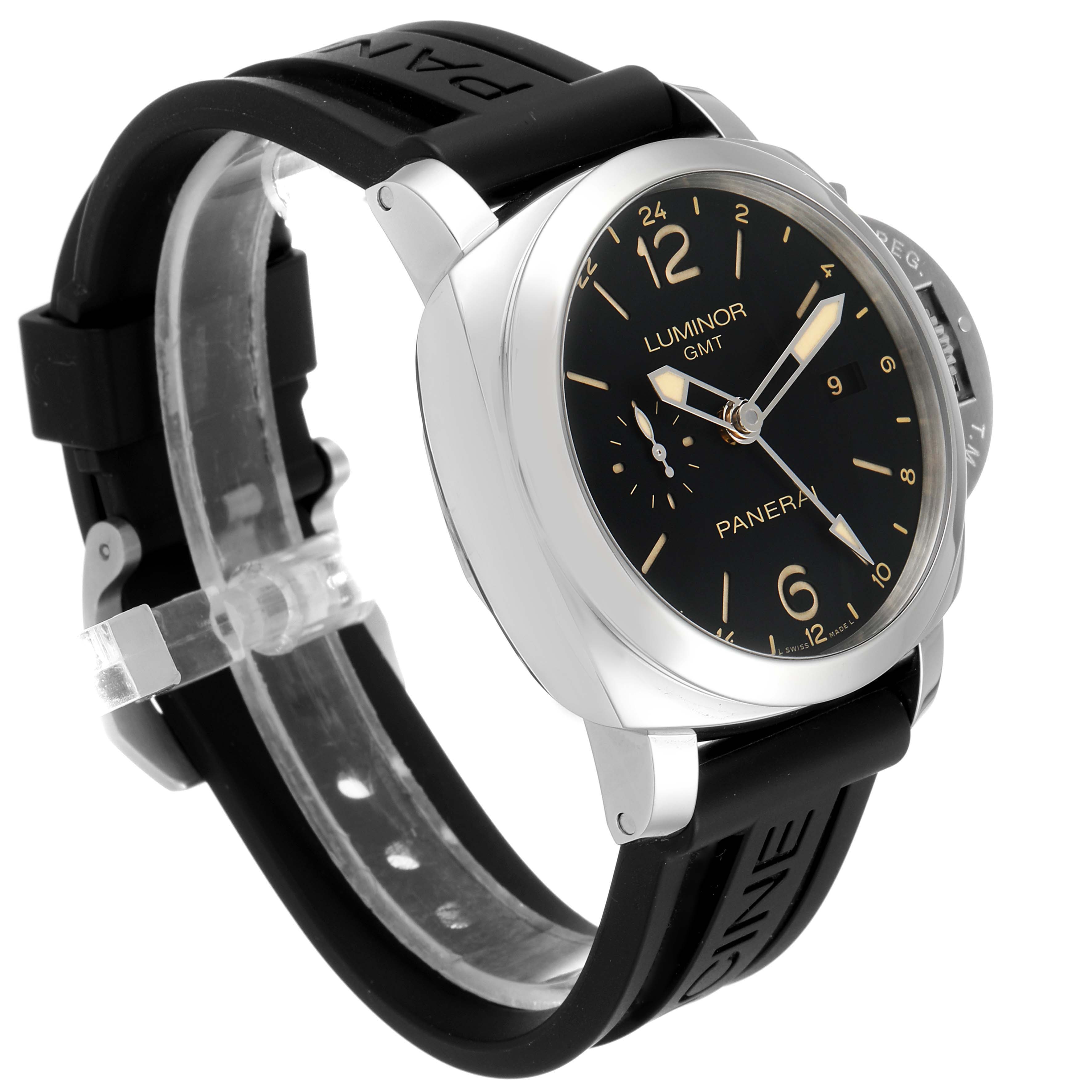 The image shows a Panerai Luminor PAM00531 Men
s Stainless Steel Black Dial PAM00531 Men
s Stainless Steel Black Dial watch at a 3/4 frontal angle, displaying the face, case, and part of the strap.