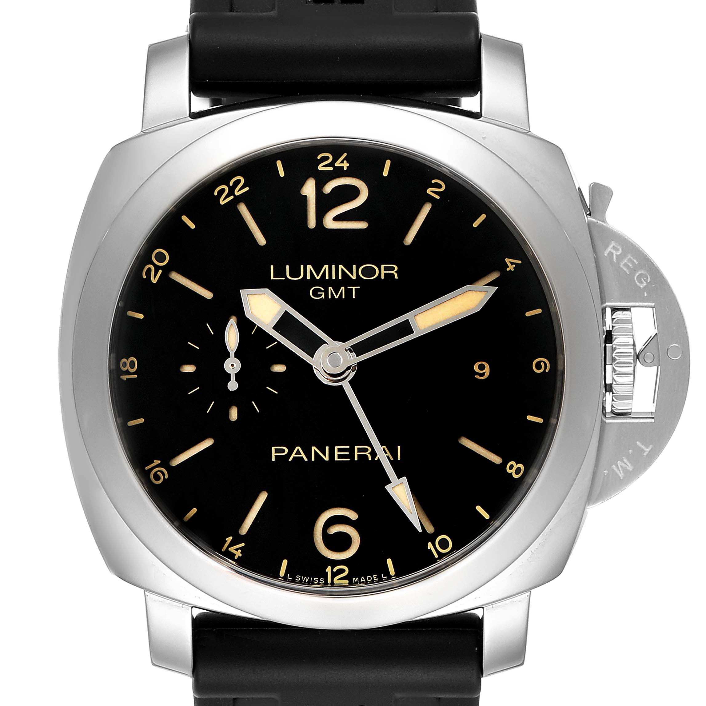 The image shows a front view of a Panerai Luminor PAM00531 Men
s Stainless Steel Black Dial PAM00531 Men
s Stainless Steel Black Dial GMT watch with a black dial, gold numerals, and a rubber strap.