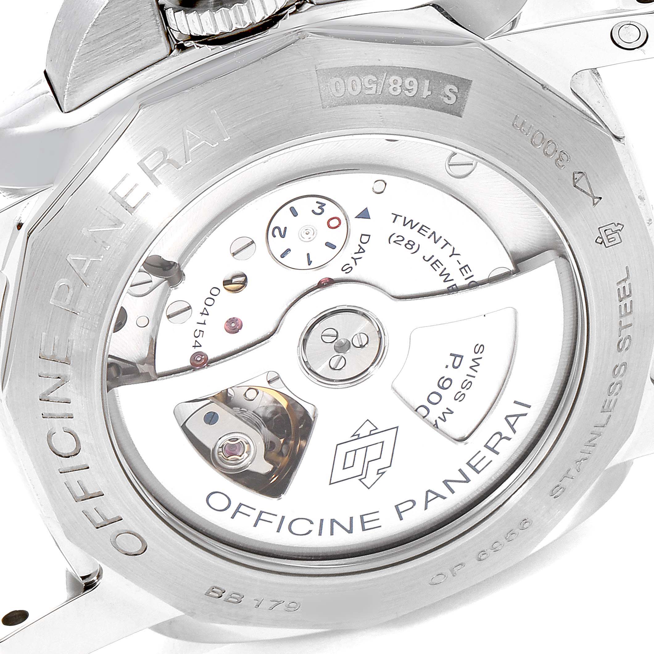 The image shows the back view of a Luminor Panerai watch, revealing its mechanical movement and engraving.