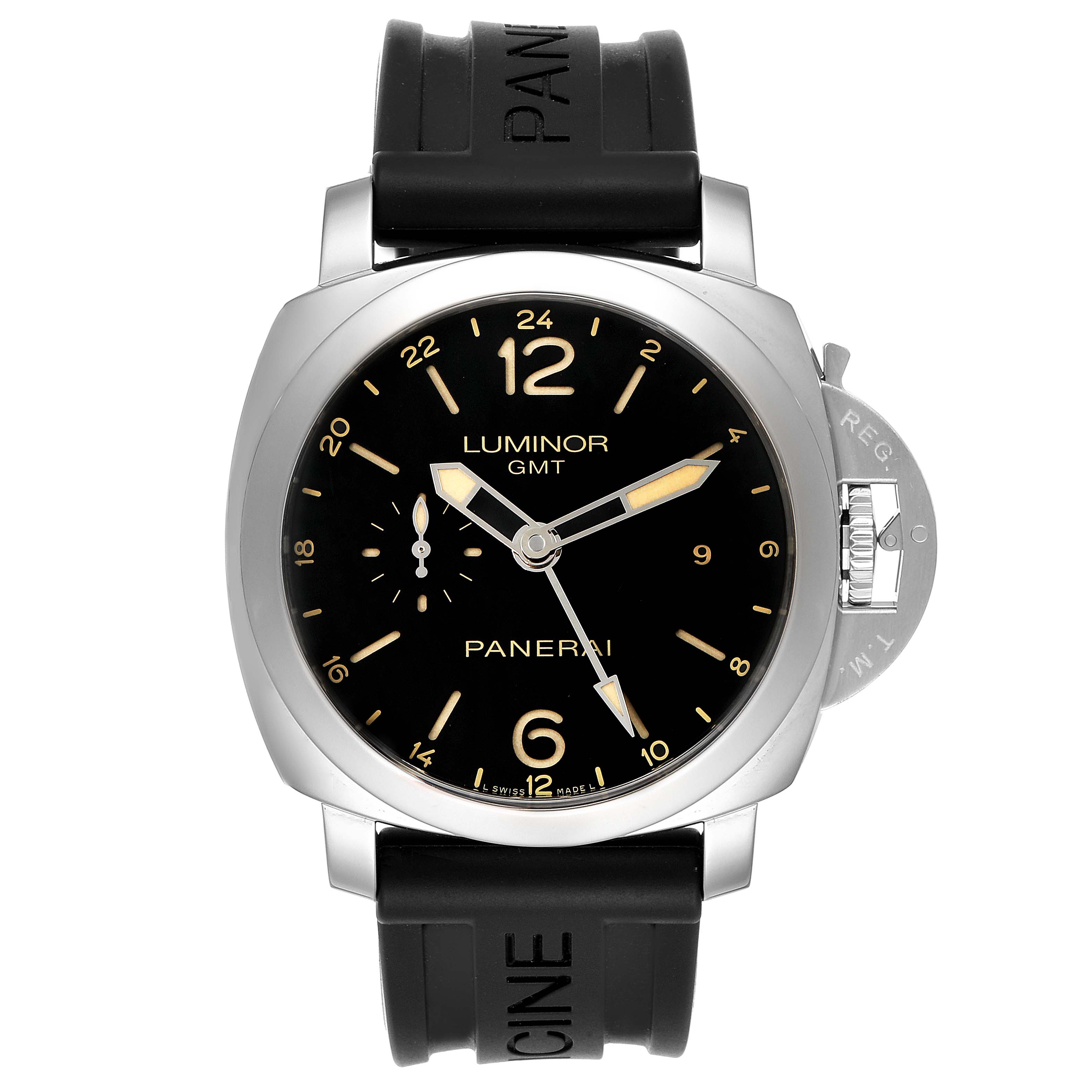The image shows a front view of the Panerai Luminor PAM00531 Men
s Stainless Steel Black Dial PAM00531 Men
s Stainless Steel Black Dial GMT watch, highlighting its black dial, numerals, and rubber strap.